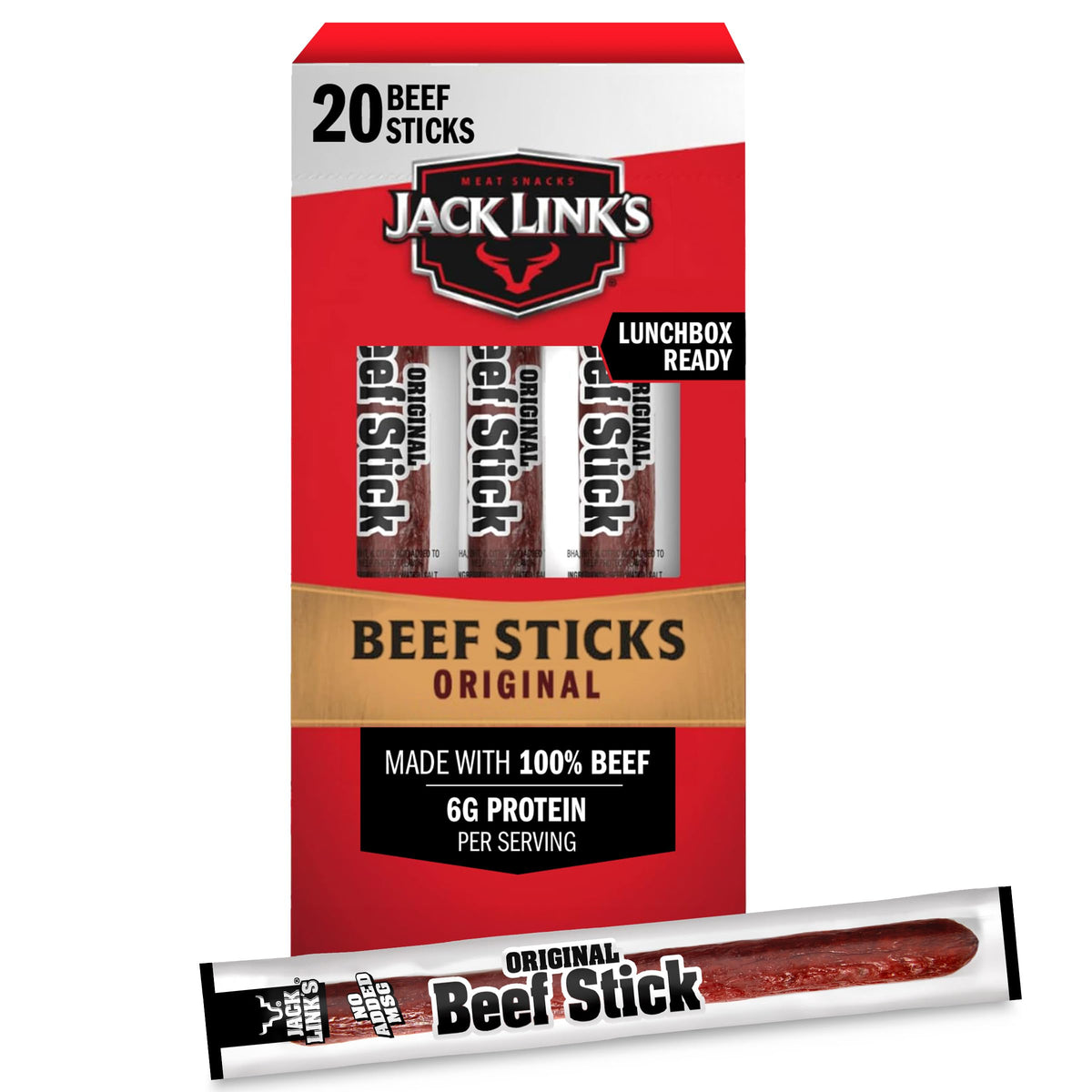 Jack Link's Rindfleischsticks, Original – Protein-Snack, Fleischstick mit 6 g Protein, Fleisch-Snacksticks aus 100 % Rindfleisch, Keto-freundlich, einzeln verpackt – 26 g (20 Stück)