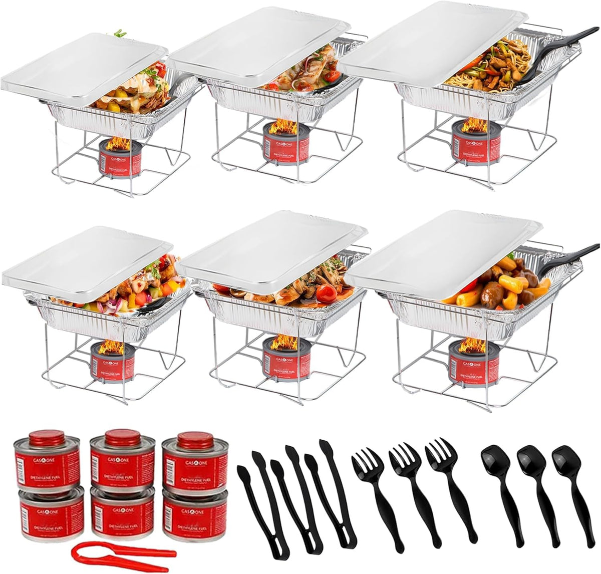 Alpha Living 6 Pack - Disposable Chafing Dish Buffet Set, Welded Body Food Warmers for Parties, Fuel Cans Complete Set, Half Size Pans, Warming Trays