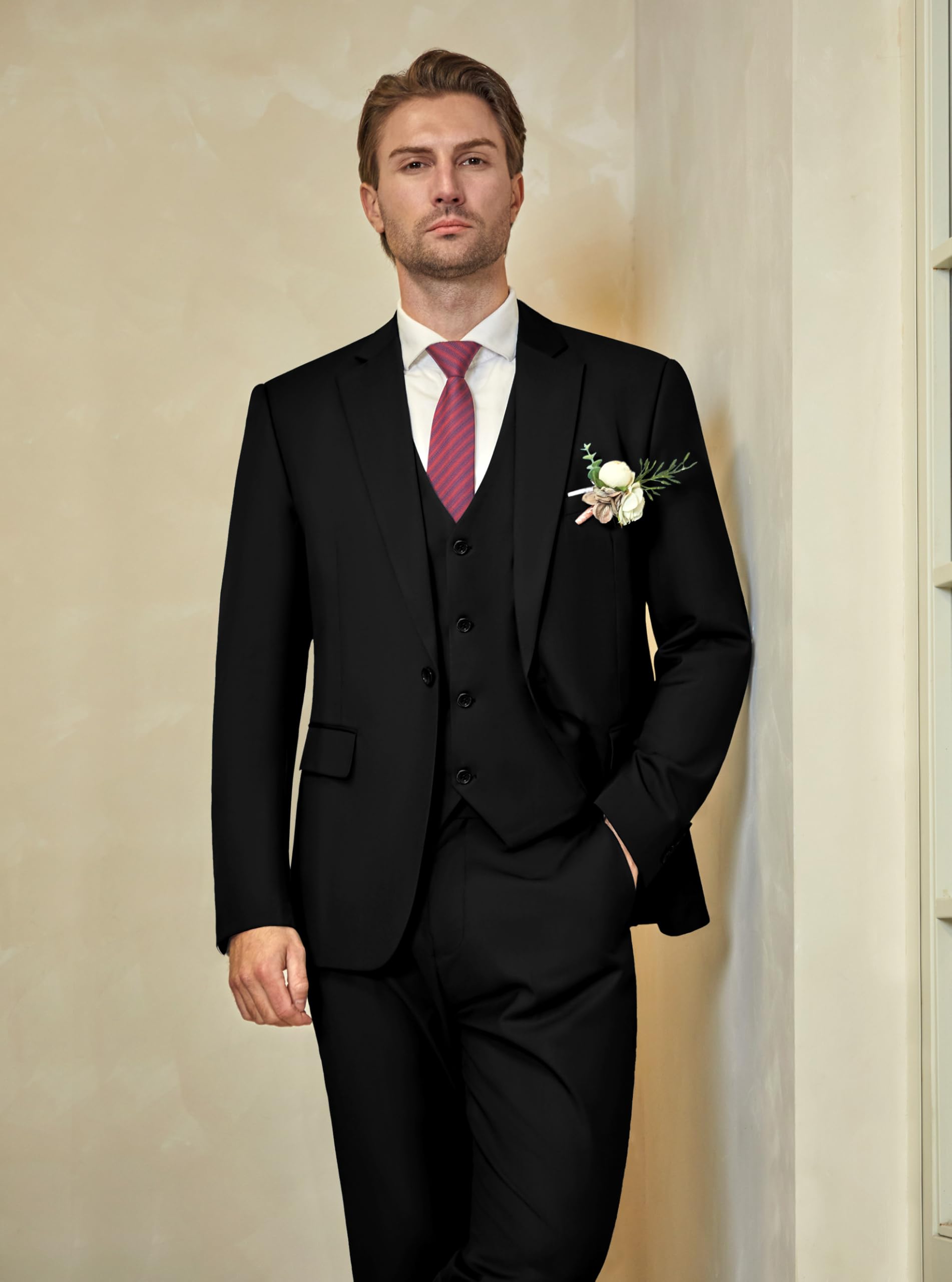 WULFUL Men’s Slim Fit Suit One Button 3-Piece Blazer Dress Business Wedding Party Jacket Vest & Pant Black