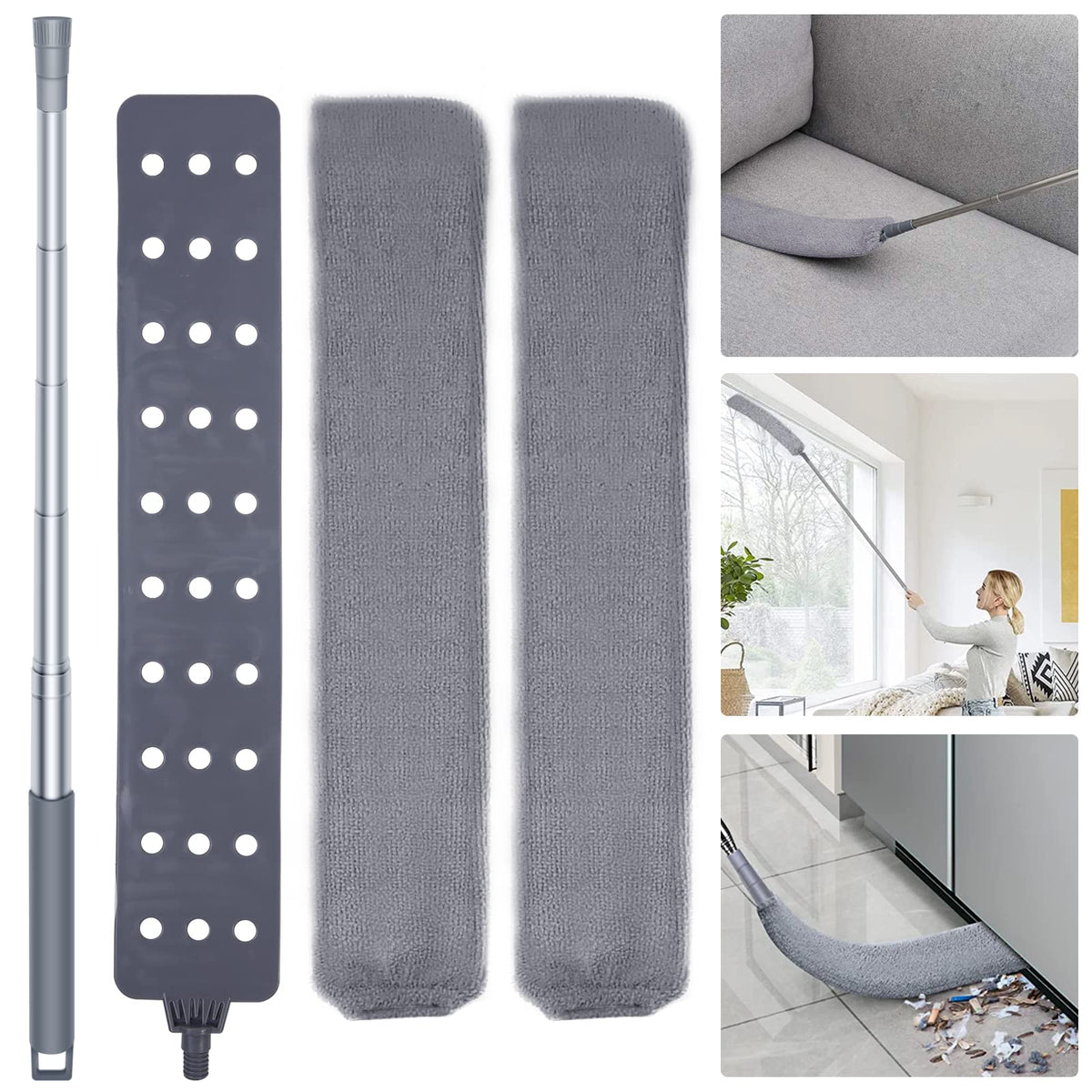 Ausziehbarer Staubwischer-Reinigungsset mit 2 Mikrofaser-Staubtüchern, langem Griff (152 cm), waschbar und ausziehbarer Staubwedelbürste zur Reinigung unter Geräten, Möbeln, Sofas und Kühlschränken
