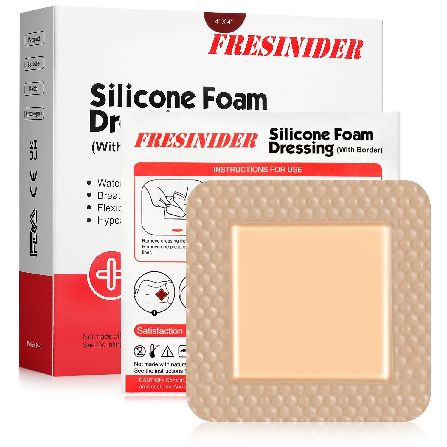 FRESINIDER Silikon-Schaumverband mit Kleberand – Wundverband-Bandage – Silikon-Schaumpolster – 10er-Pack – 10 x 10 cm Große wasserdichte Bandagen – Selbstklebende Wundversorgung und Verbände
