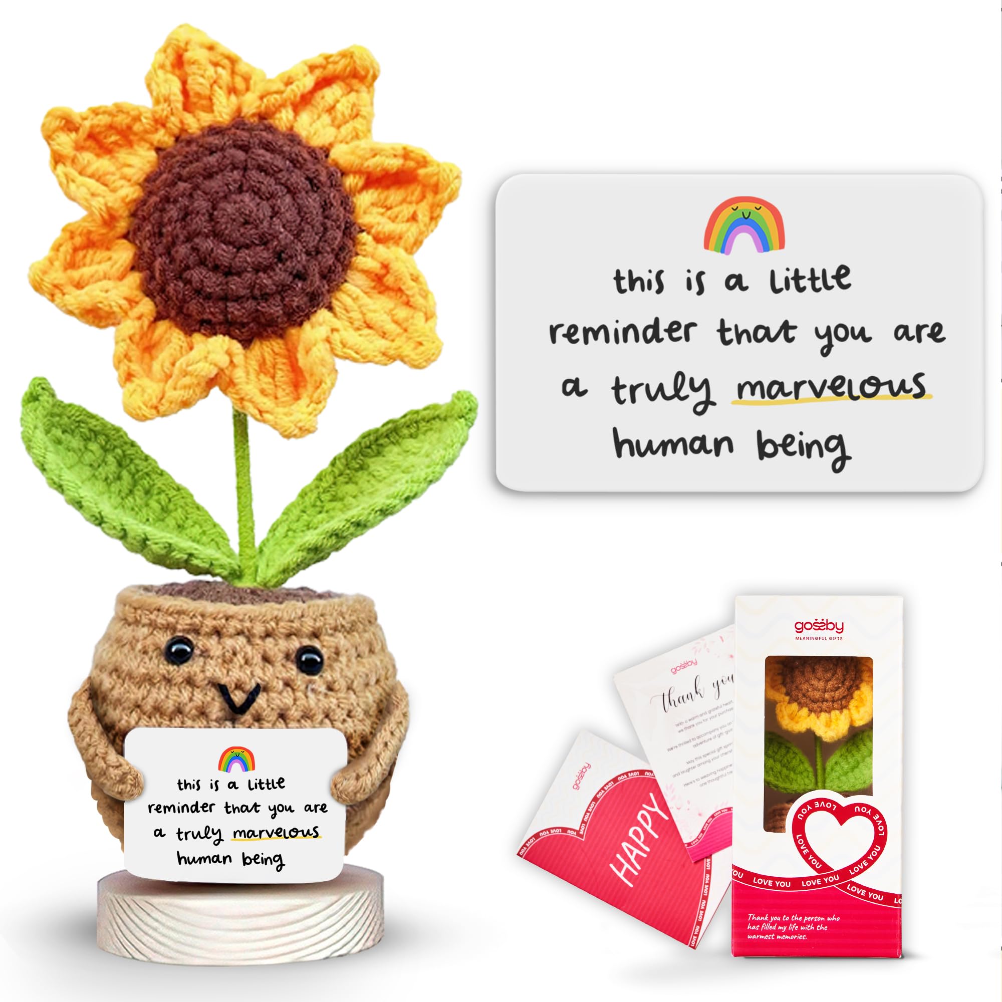 Gossby Positive Sunflower Doll Häkeln mit Karte – Dies ist eine kleine Erinnerung – Wertschätzungsgeschenk für Kollegen, beste Freunde, Lehrer, Schwestern, Mütter – Weihnachts-, Geburtstags-, Dankeschön-Geschenk für Frauen, Männer