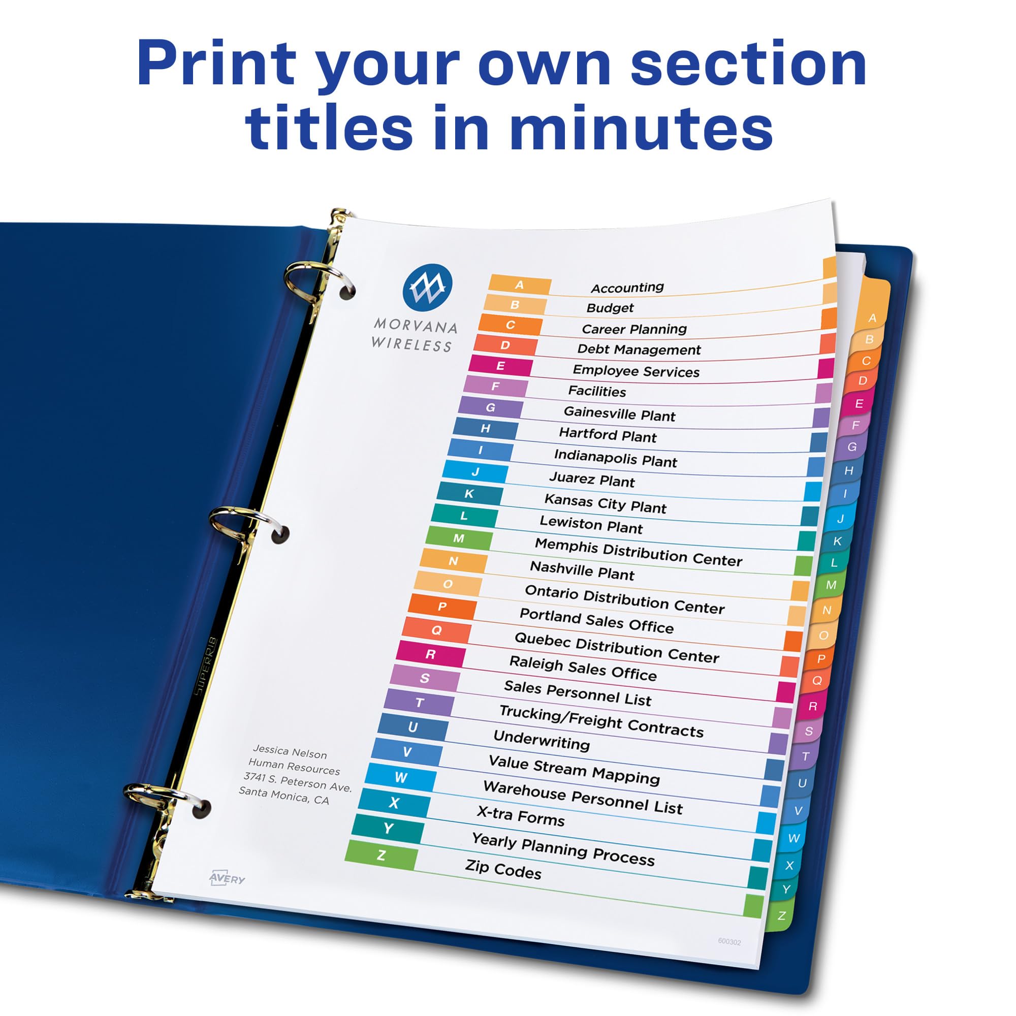 Avery A-Z Tab Dividers for 3 Ring Binder, Customizable Table of Contents, Multicolor, 1 Set (11125)