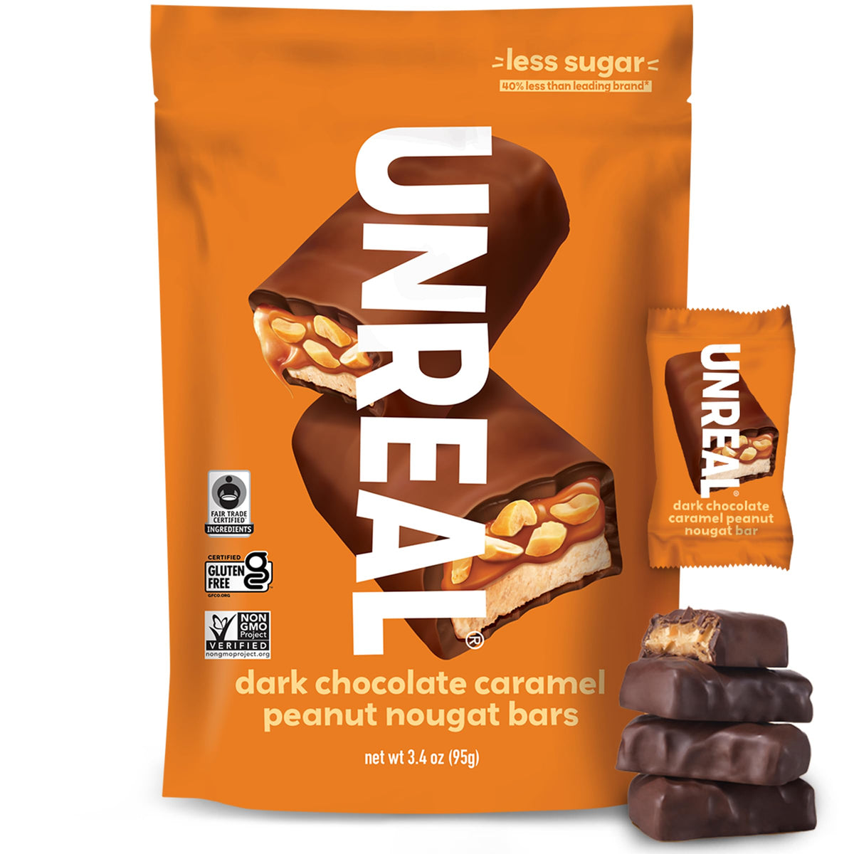 UNREAL Dunkle Schokolade Karamell Erdnuss Nougat Riegel (1 Beutel), 70 % Bio-Zutaten, Fair Trade, Gentechnikfrei, Ohne Maissirup, Zuckeralkohole, Soja, 96 g