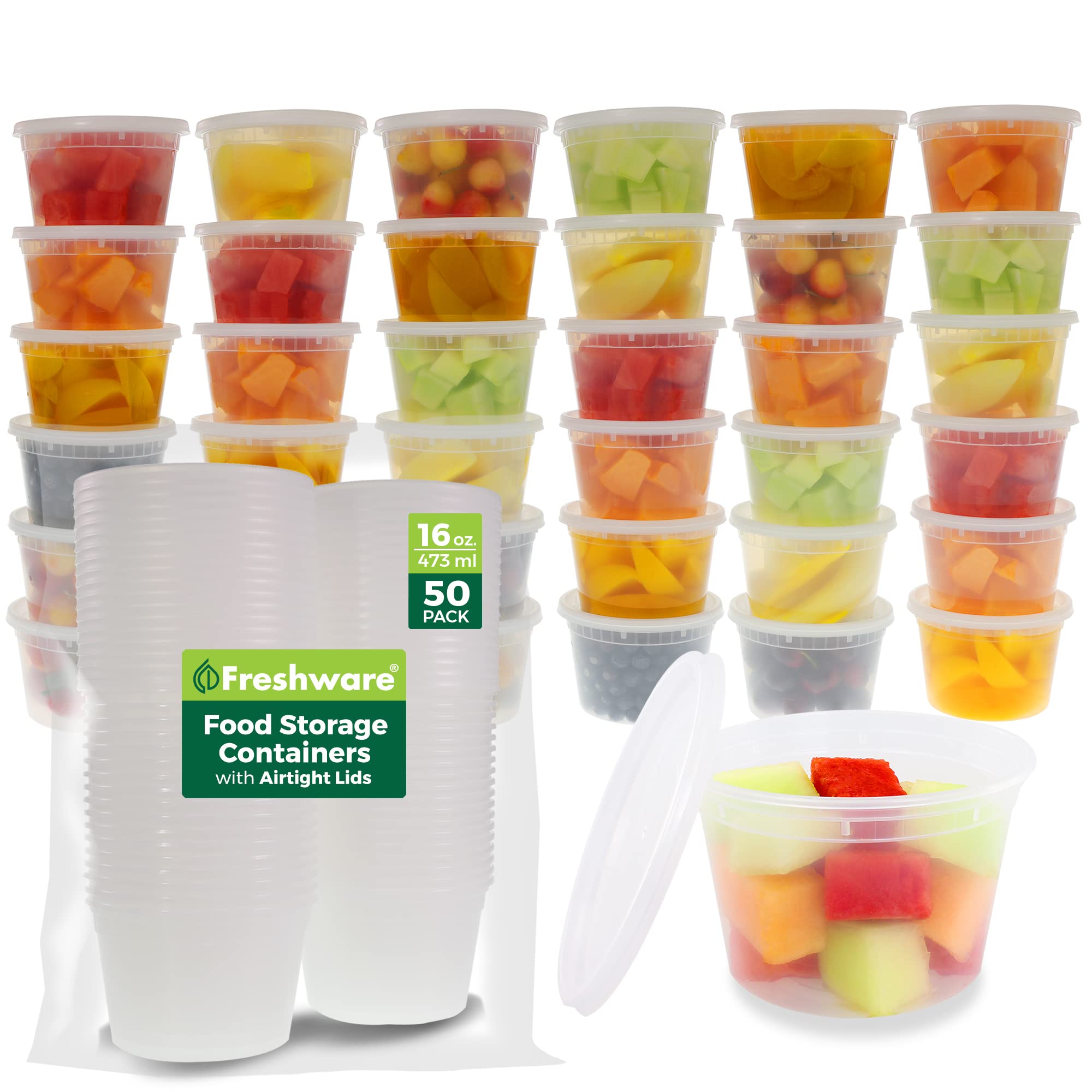 Freshware Lebensmittelbehälter [50er-Set] 473 ml Plastik-Feinkostbehälter mit Deckel, für Schleim, Suppen, Essenszubereitung | BPA-frei | Stapelbar | Auslaufsicher | Mikrowellen-/Spülmaschinen-/Gefrierfachgeeignet