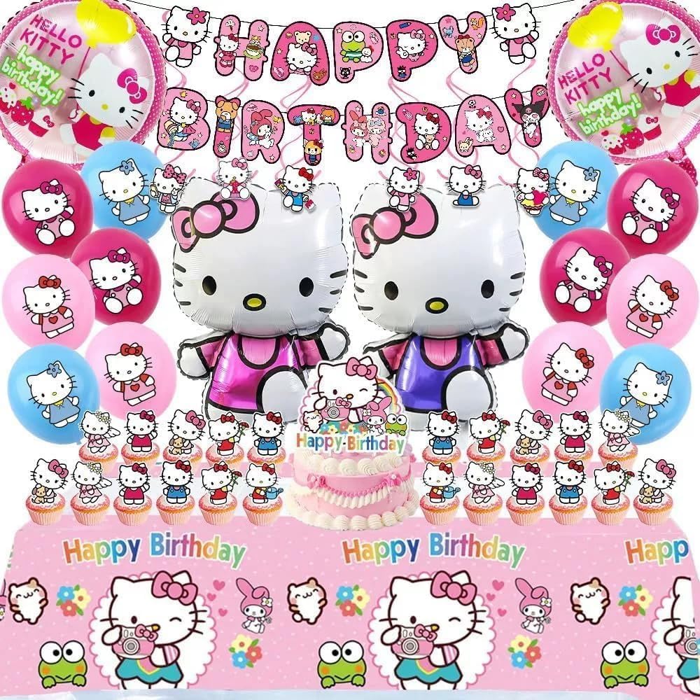 49 Teile – Kitty Geburtstagsdeko-Set, rosa Thema mit Banner, Ballons, Tischdecke, Kuchenaufsätzen.