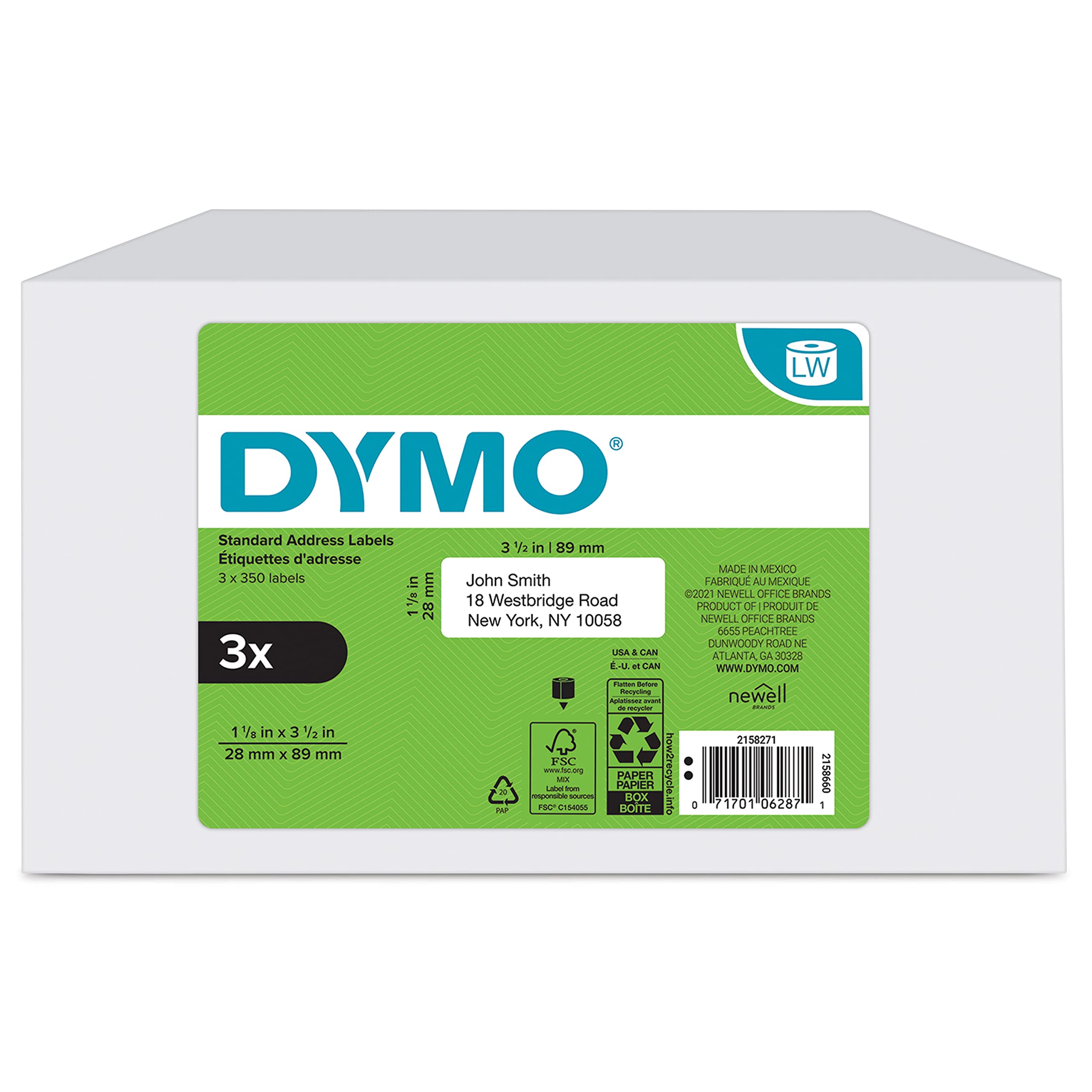 ملصقات DYMO الأصلية لعنوان البريد لطابعات الملصقات LabelWriter، (1-1/8 بوصة × 3-1/2 بوصة)، 3 بكرات من 350 ملصقًا (1050 ملصقًا إجمالاً)