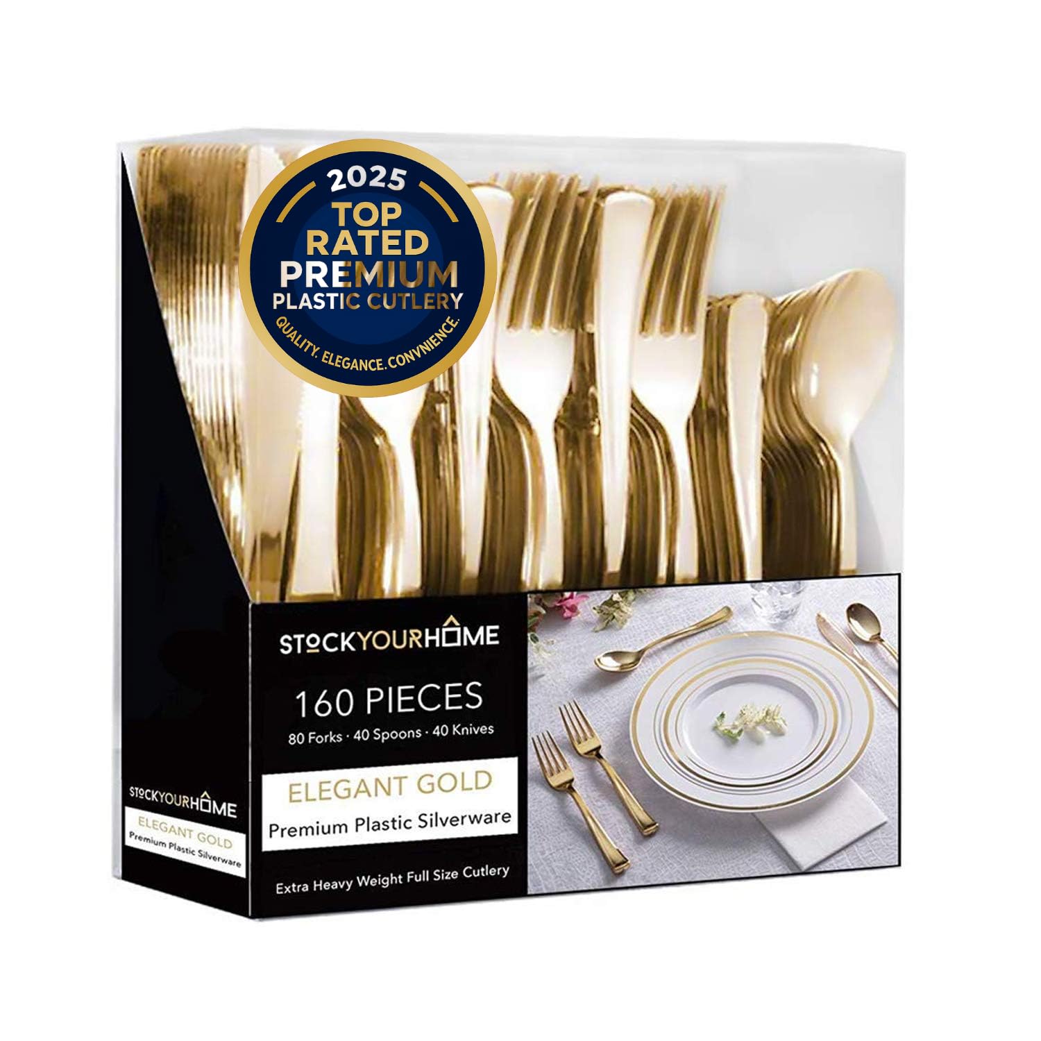 Gold Besteck Set aus Kunststoff (160er Großpackung) Einwegbesteck, 80 goldene Gabeln, 40 goldene Messer, 40 goldene Löffel, robuste Besteckware für Feiertage, Partys, Abendessen, Hochzeiten und Anlässe