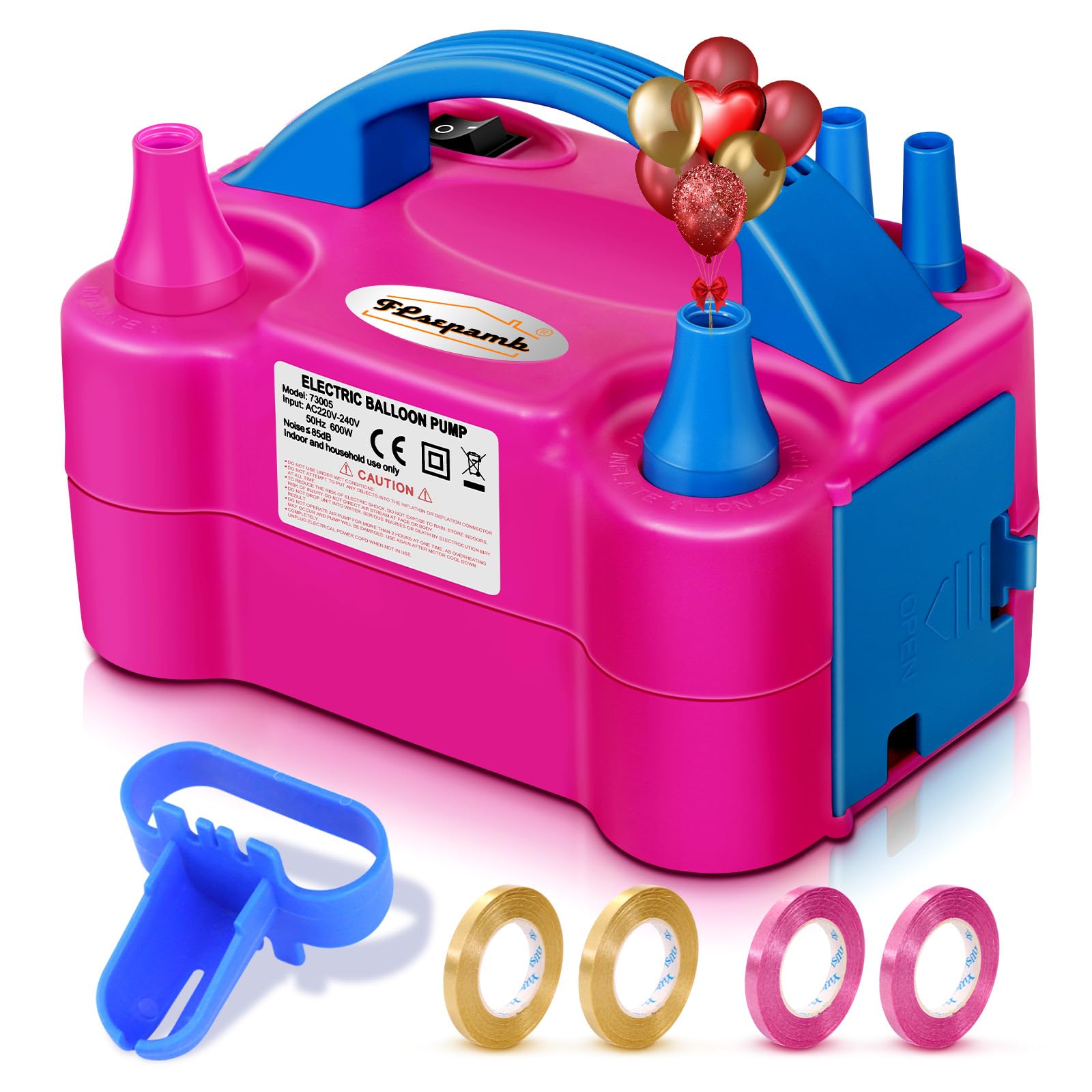 FLSEPAMB Ballonpumpe, elektrische Ballonpumpe, tragbare elektrische Ballonluftpumpe mit zwei Düsen 110 V 600 W, elektrische Ballonpumpe mit Bindewerkzeug, farbige Bänder zur Partydekoration