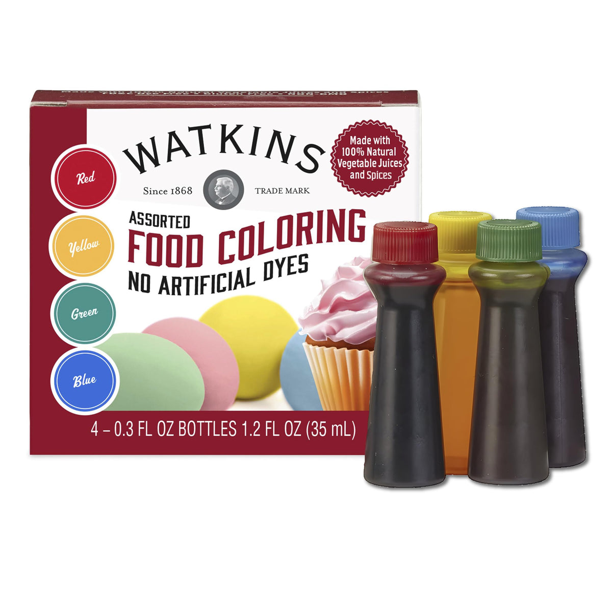 Watkins Diverse Lebensmittelfarben, je 1 Rot, Gelb, Grün, Blau, insgesamt vier 0,3-Unzen-Flaschen, 4 Stück (1er Pack)