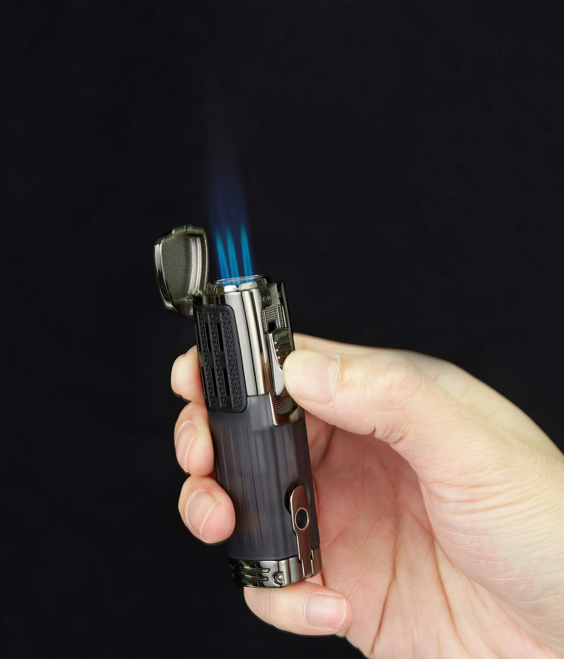 TOMOLO Cigar Lighter Triple Jet Flame Torch Lighter Refillable Butane Lighter with Cigar Punch, 2 Pack, Charcoal