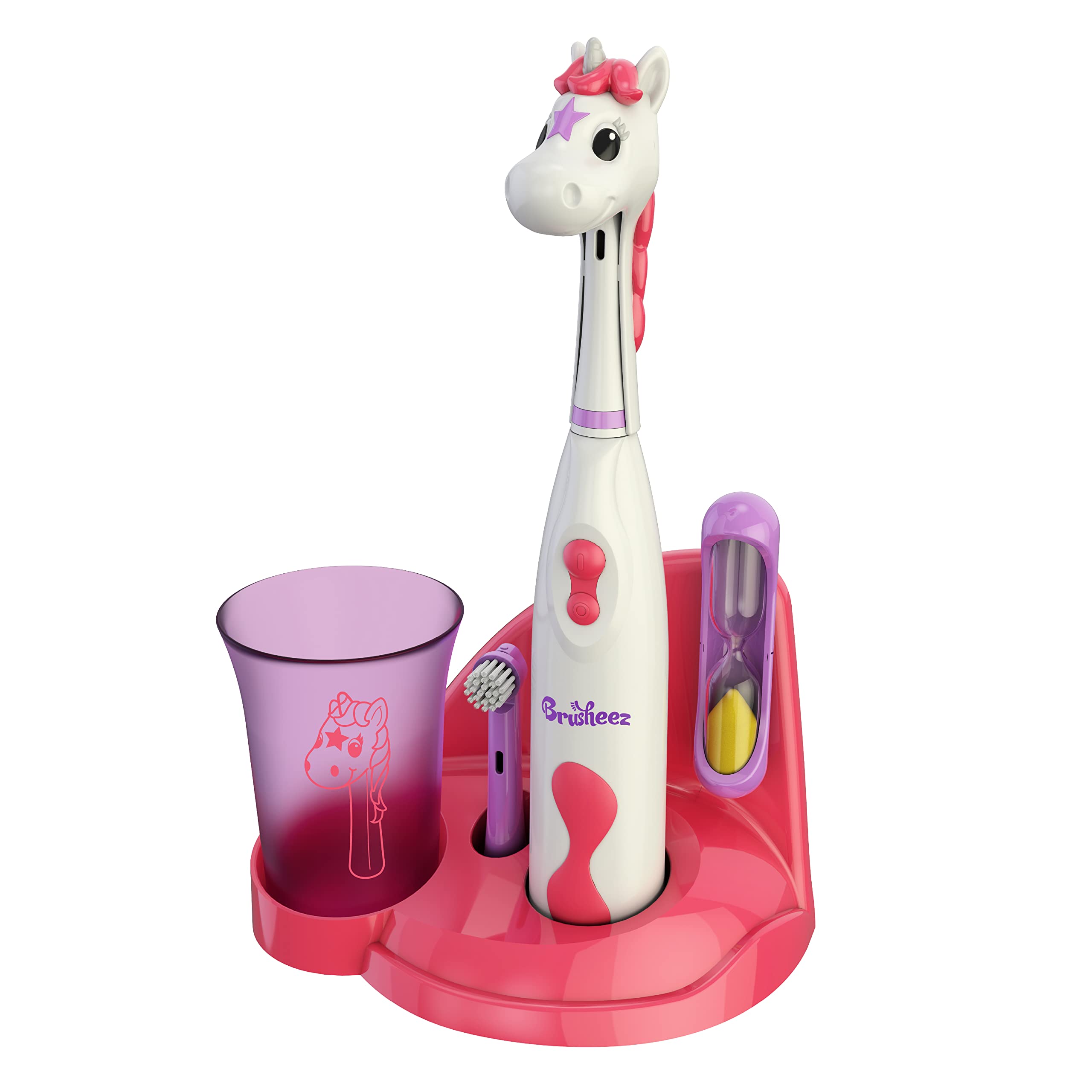 Brusheez Kids' Electric Toothbrush Set - Safe & Effective for Ages 3+ - Parent Tested & Approved with Gentle Bristles, 2 Brush Heads, Rinse Cup, 2-Minute Timer, & Storage Base (Sparkle The Unicorn)