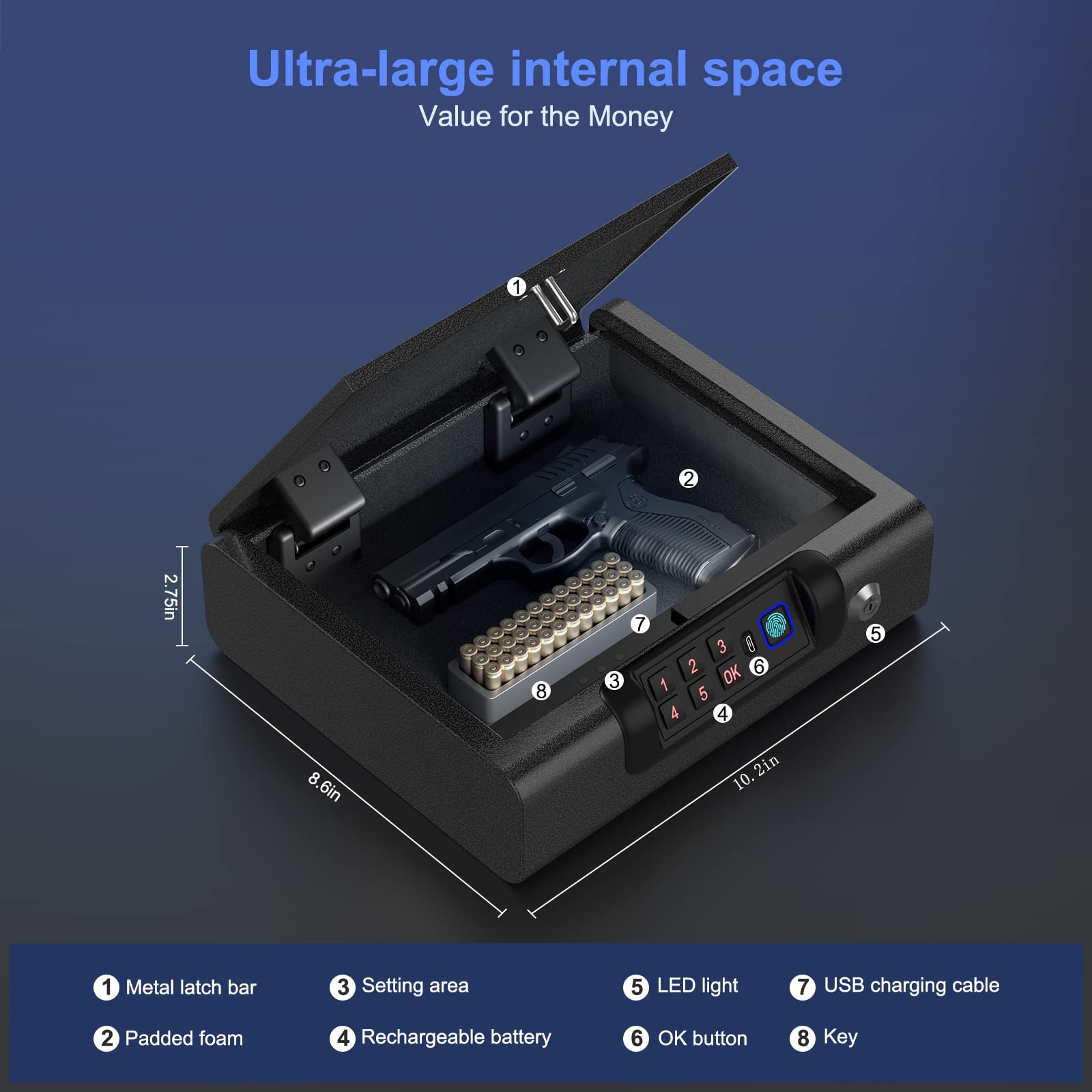 Biometric Gun Safe for Pistols 3-Ways unlock Fingerprint Digital PIN Key Unlock Handgun Safe with Sound, Lock box for Cloakroom living room Bedroom Nightstand and Car BILLCONCH