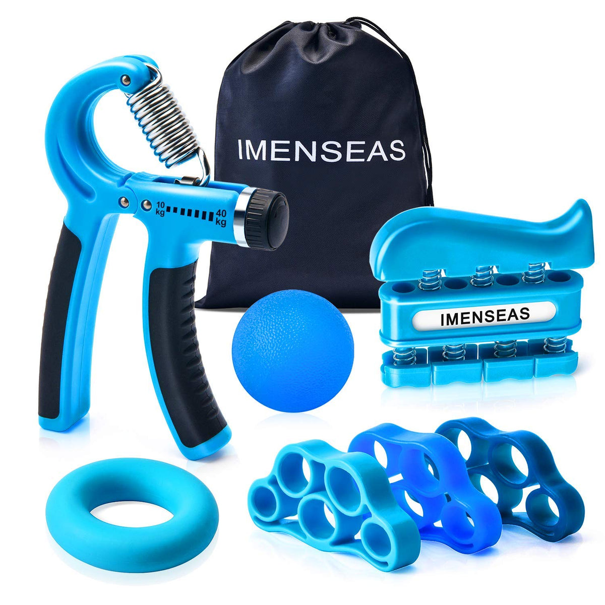 IMENSEAS مدرب قوة القبضة 7 قطع قابل للتعديل، أحزمة مقاومة وموسعات لأصابع اليد، جهاز تمرين الأصابع، حلقة قوة لقبضة اليد وكرة الضغط، أزرق