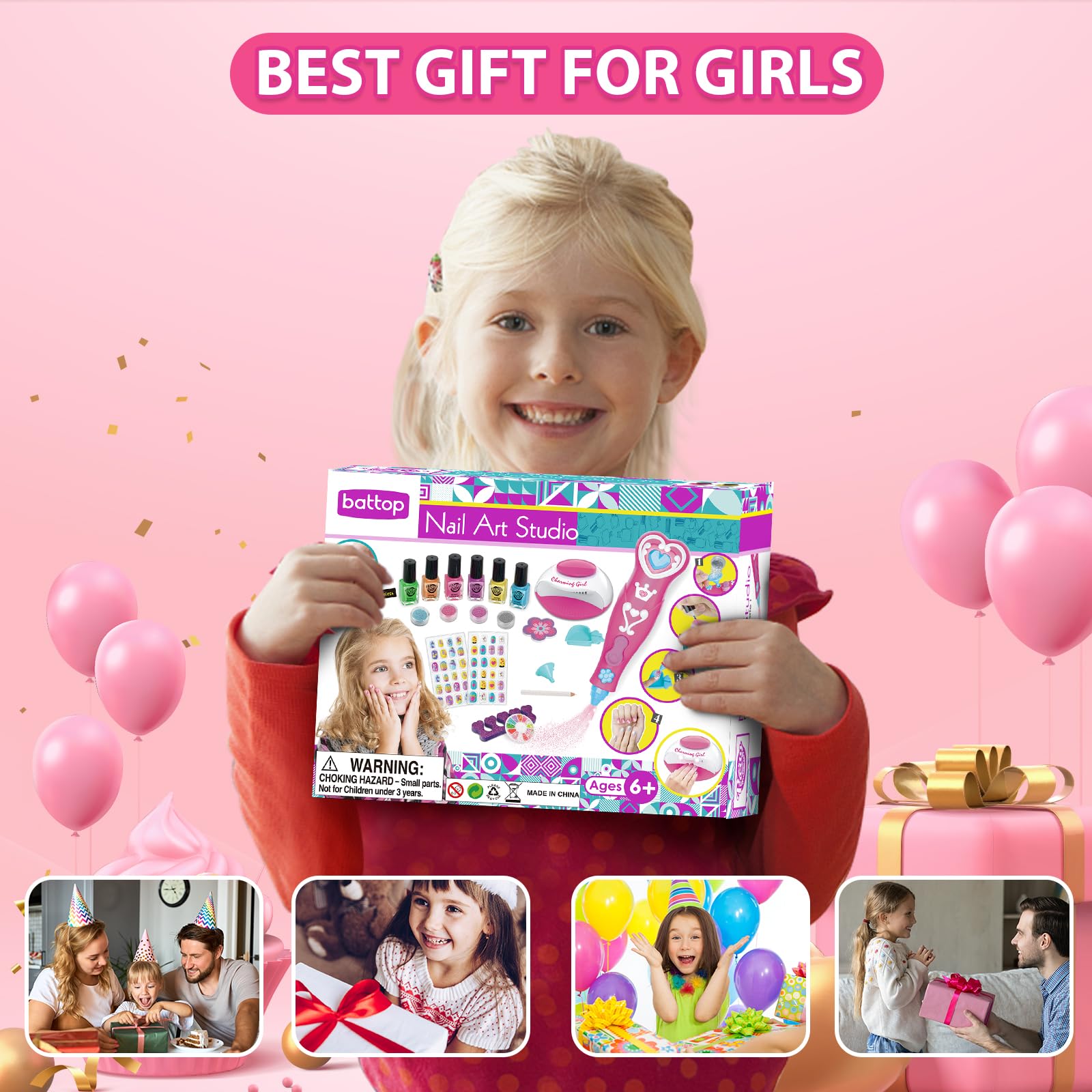 BATTOP Kids Nail Polish Set for Girls, Nail Art Kits with Nail Dryer & Glitter Pen, Quick Dry & Peel Off & Non-Toxic Nail Polish, Christmas Birthday Gifts for Girls Ages 6 7 8 9 10 11 12
