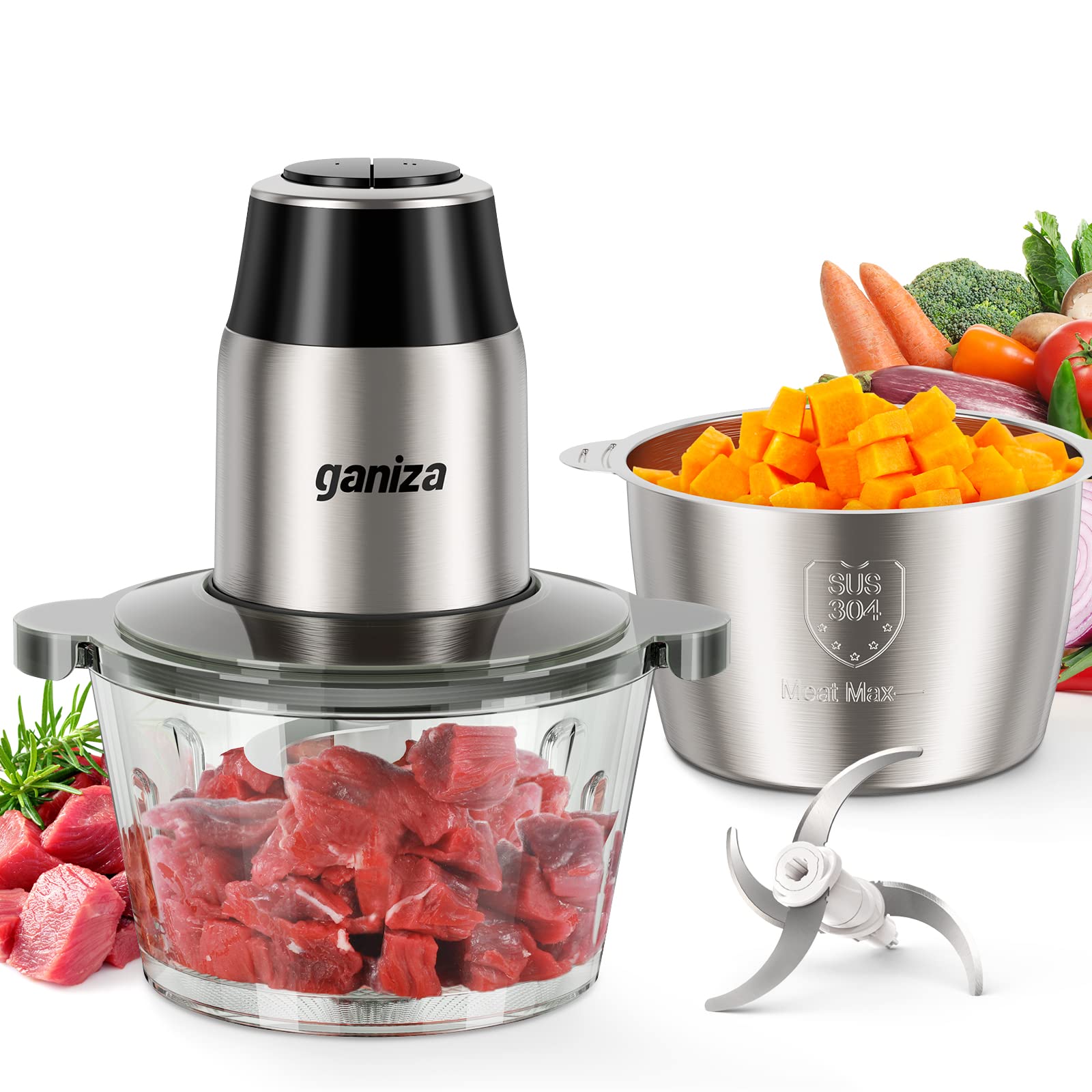 GANIZA Küchenmaschinen, elektrischer Zerkleinerer mit Fleischwolf & Gemüseschneider – 2 Schalen (2x 1,9 l) mit leistungsstarkem 450-W-Kupfermotor – inklusive 2 Sets Bi-Level-Klingen für Obst/Fleisch/Nüsse
