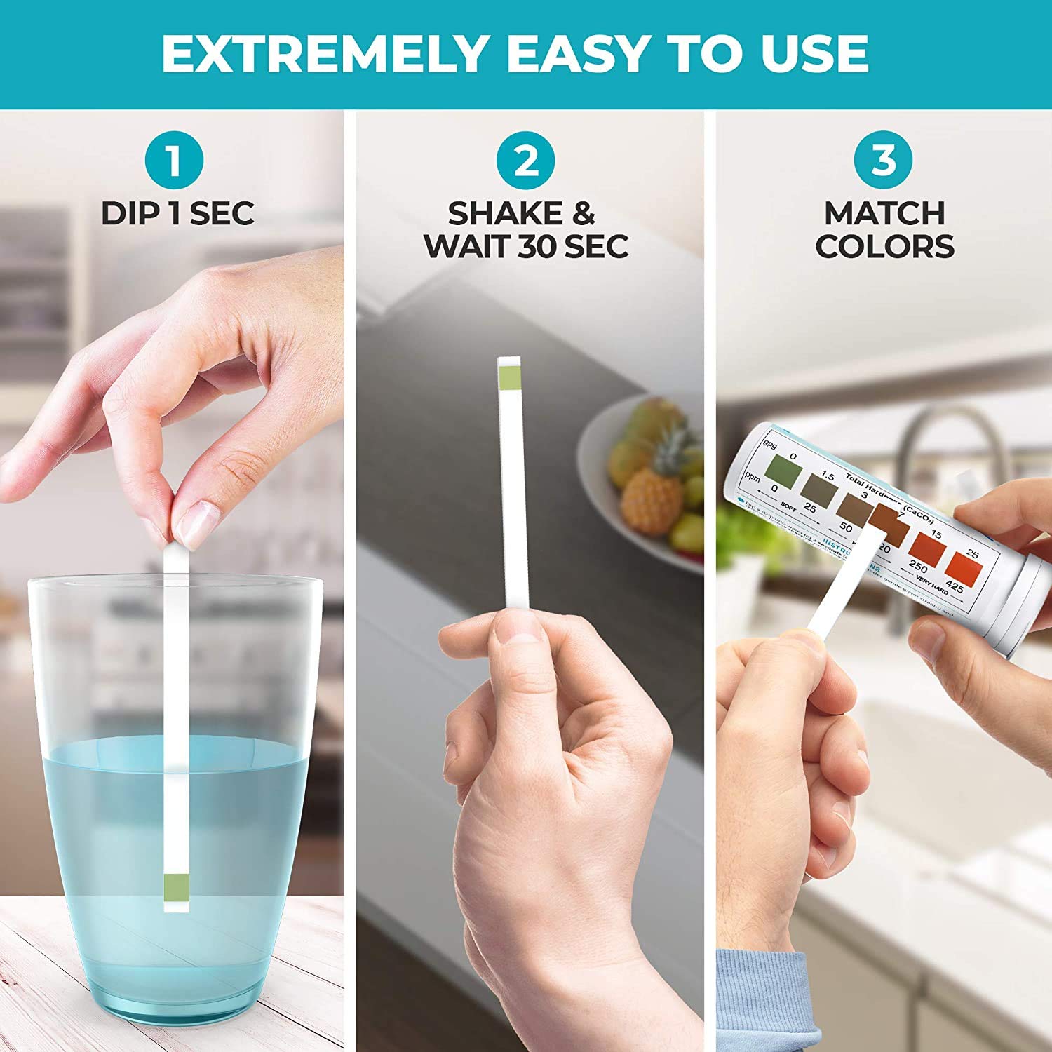Varify Water Hardness Test Kit - Water Testing Kit for Home, Drinking, Well, Spa, Swimming Pool, Softener, Dishwasher & More - Hard Water Test Strips for Calcium, Magnesium etc (0-425 pmm, 150 Strips)