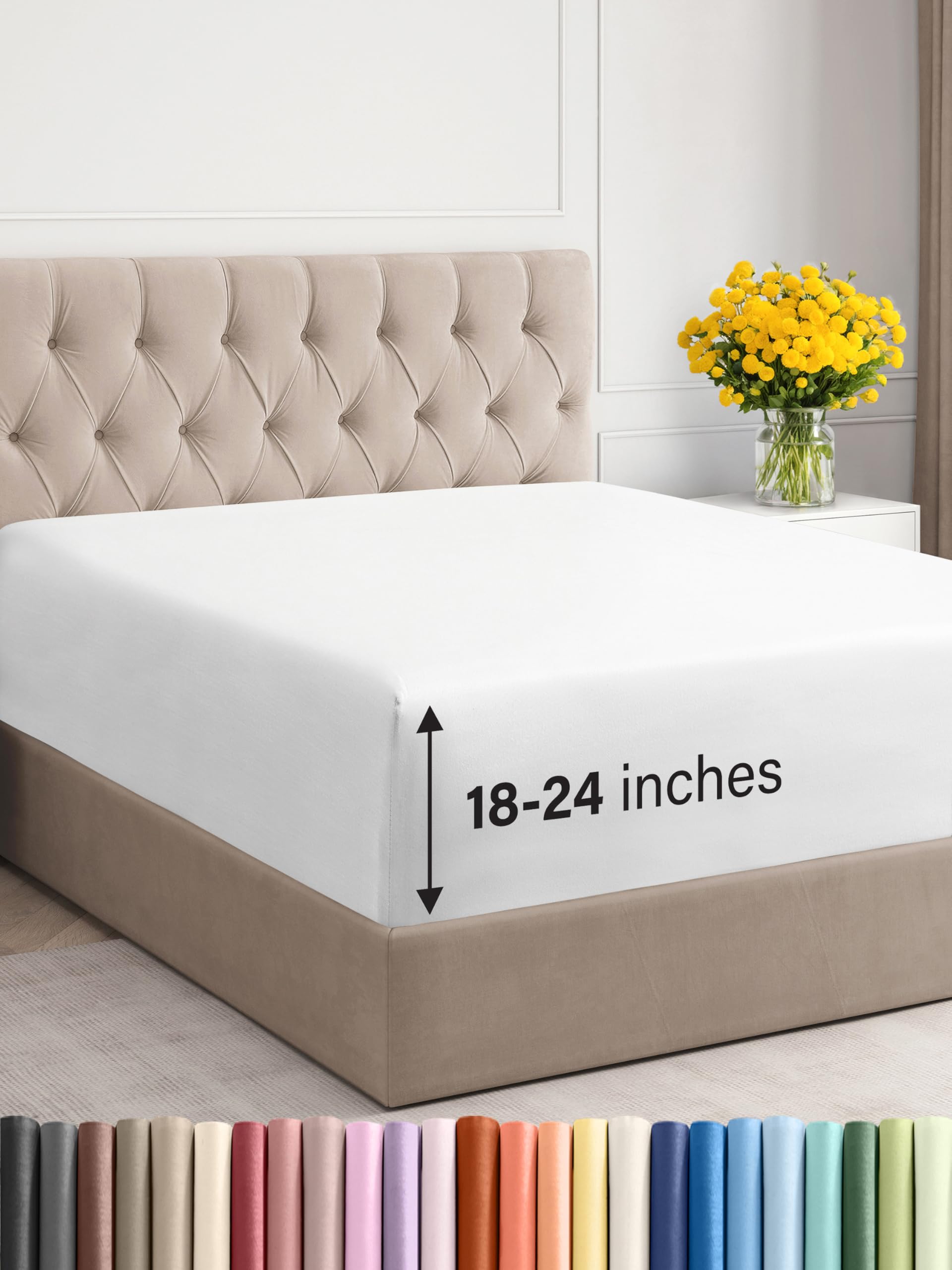 Extra tiefes Spannbettlaken für Queen-Size-Bett – Hotel-Luxus-Einzel-Spannbettlaken – Passt problemlos auf 45 bis 60 cm hohe Matratzen – Ultraweich, knitterfrei mit extra tiefen Taschen – Pflegeleicht, atmungsaktiv & bequem – Weiß