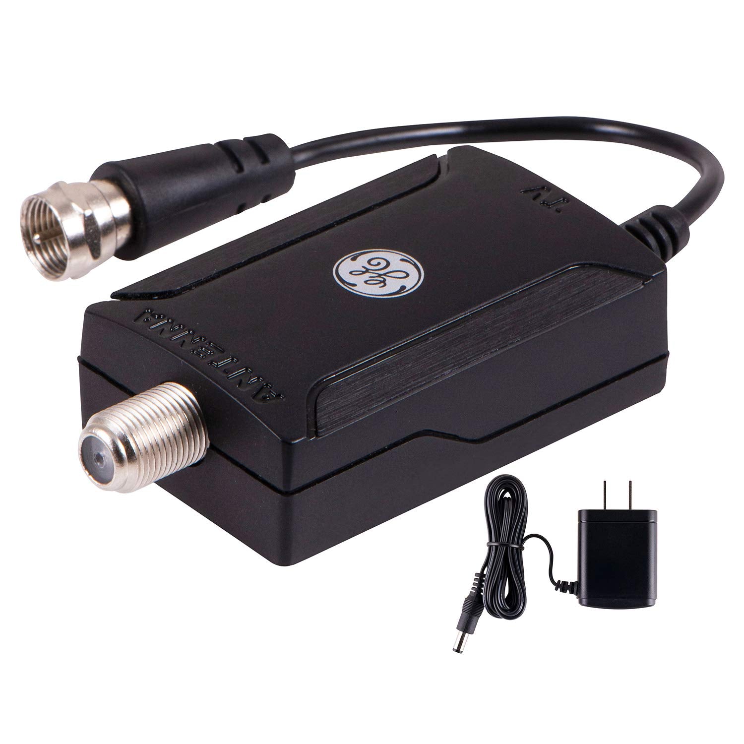 GE Indoor TV-Antennenverstärker, Antennensignalverstärker, HD TV Digital VHF UHF, rauscharm, Netzteil, Schwarz, 42178