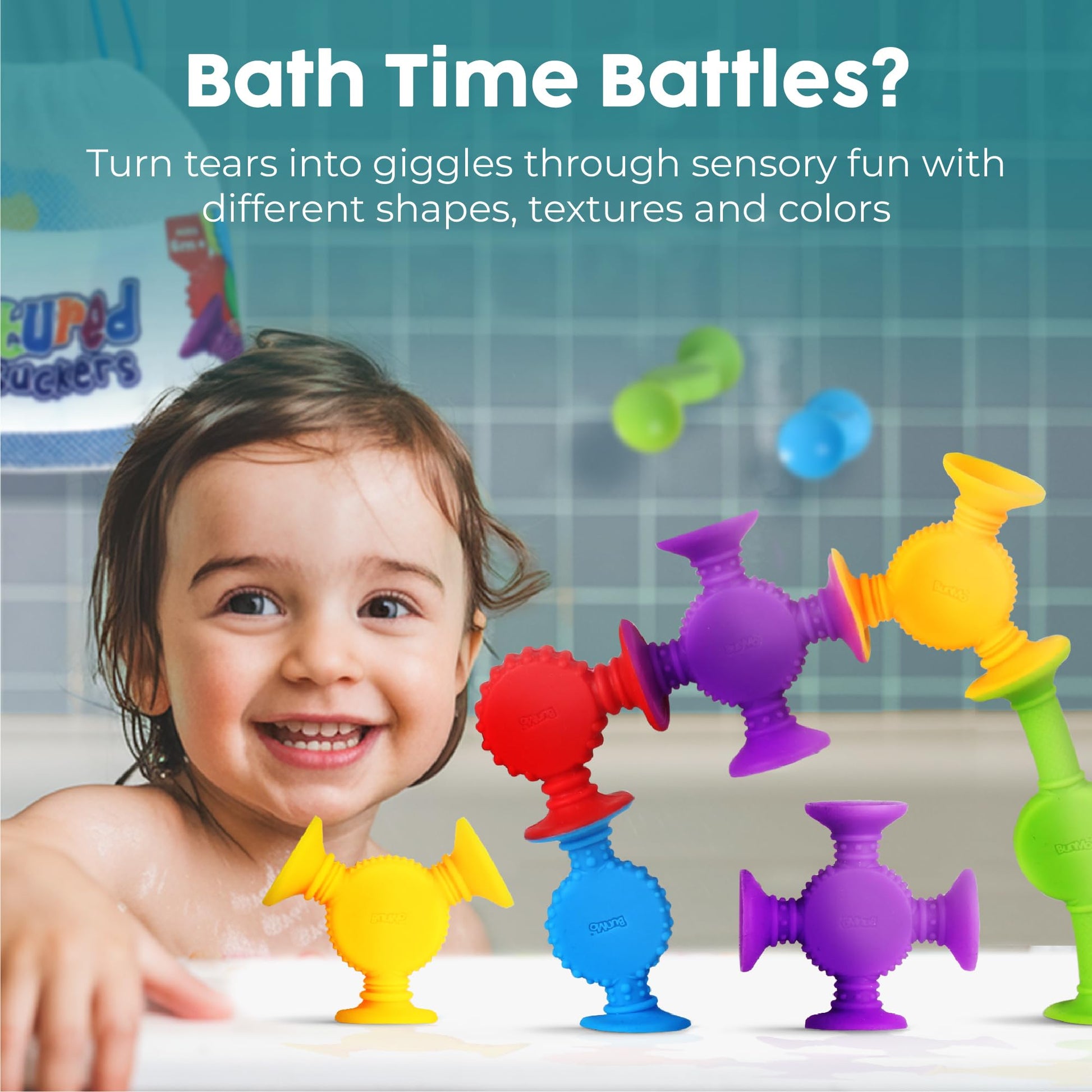 BUNMO Bath Toys Suction - Connect, Build, Create - Toddler Bath Toys - Hours of Fun & Creativity - Fine Motor Skills - Stimulating Sensory Toys - Non-Mouthable Toy 3+ - Textured 10 Pack