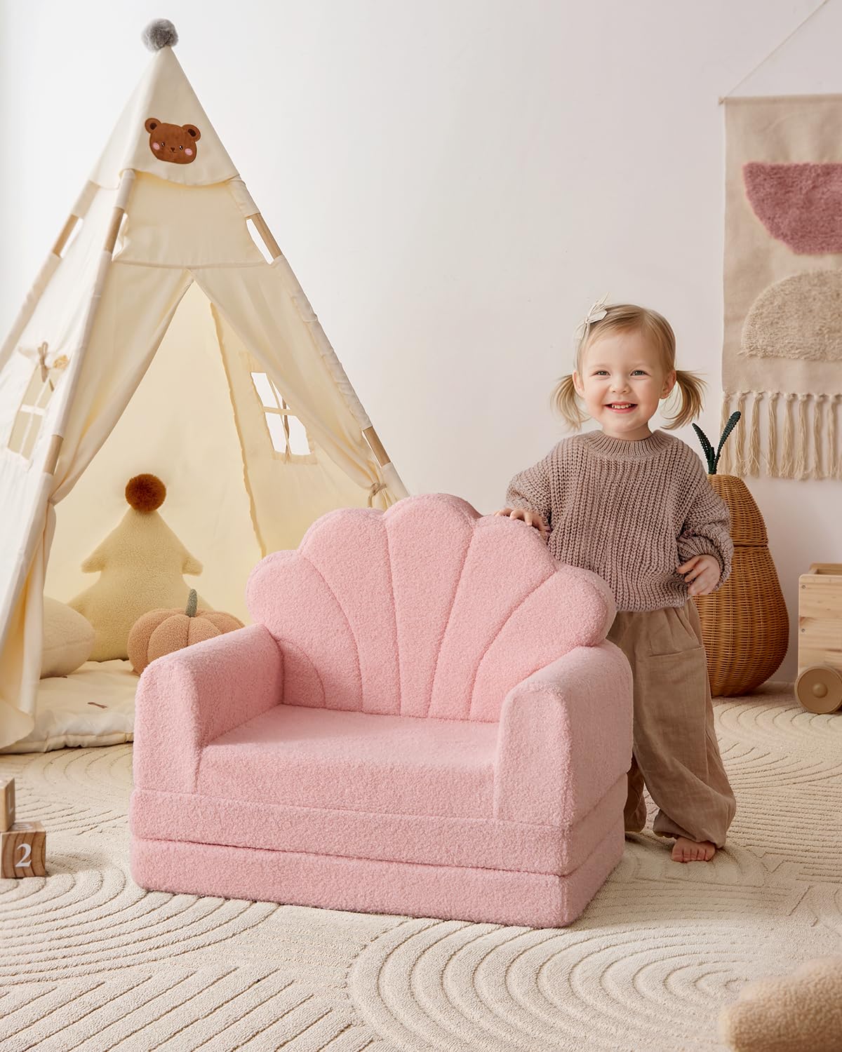 Blissful Diary Kids Couch, 2-in-1 Soft Toddler Couch Fold Out, Toddler Chair Comfy, Convertible Sofa to Lounger, Kids Furniture for Playroom, Gift for Birthday, Children's Day, Pink Shell