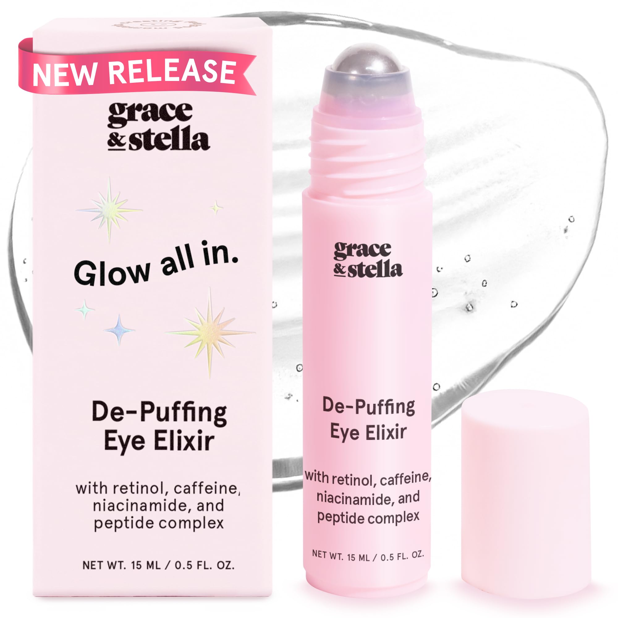 grace & stella Augenaufhellender Roller – Flugzeug-Reise-Essentials – Reisegröße Toilettenartikel – Retinol- & Koffein-Augenserum gegen Schwellungen, Augenringe, Falten – Vegane Hautpflege (15ml / 0.51floz)