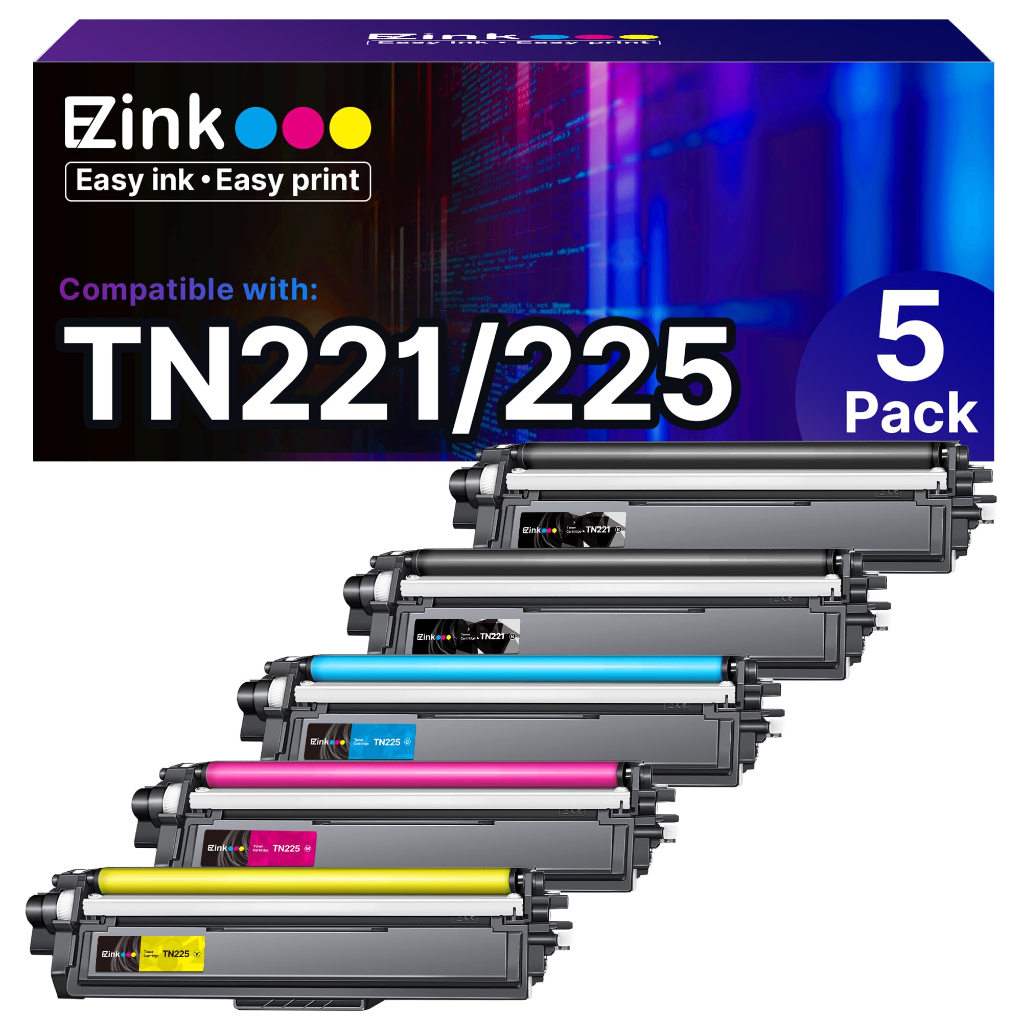عبوة حبر إي-زي إنك المتوافقة TN221 TN225 بديلة لطابعة براذر TN-221 TN-225 للاستخدام مع MFC-9130CW HL-3170CDW MFC-9340CDW HL-3140CW MFC-9330CDW (2 أسود 1 سماوي 1 أرجواني 1 أصفر، عبوة من 5)