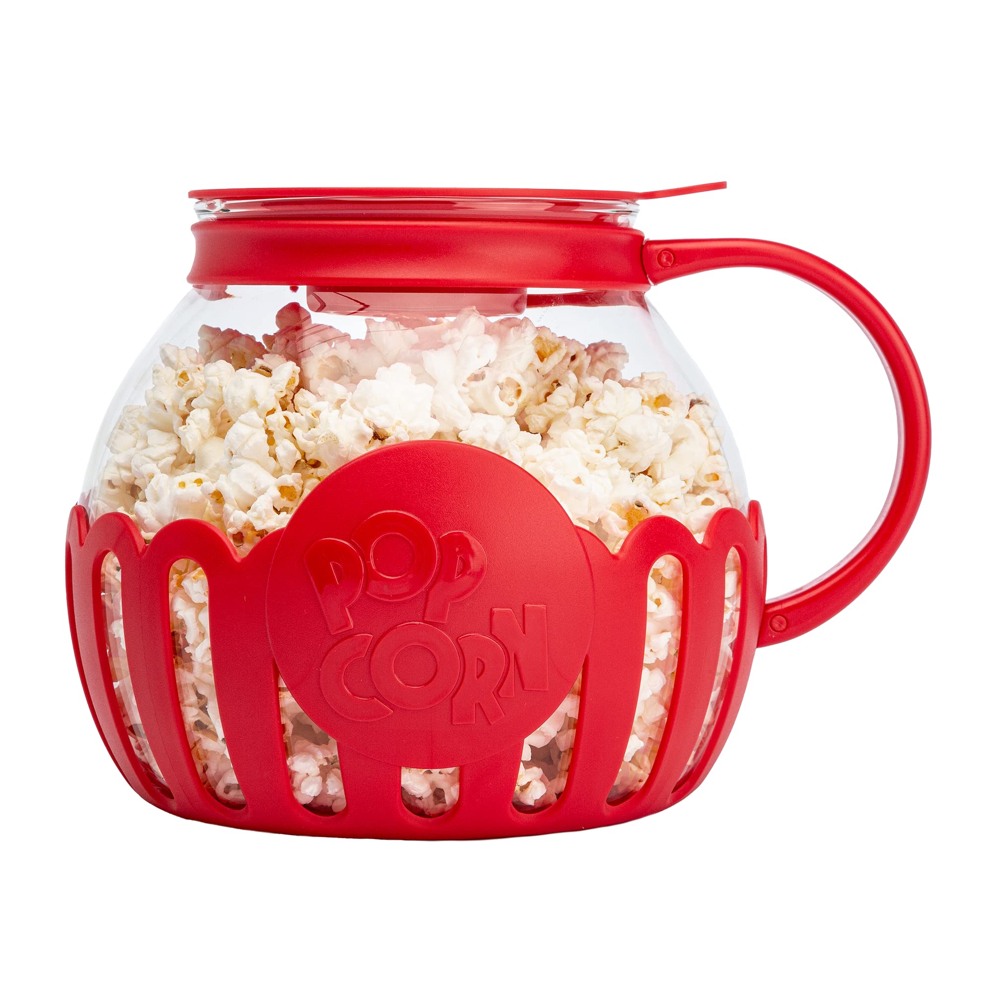 Ecolution Patentierter Micro-Pop Mikrowellen-Popcorn-Maker mit temperatursicherem Glas, 3-in-1-Deckel misst Körner und schmilzt Butter, BPA-frei, spülmaschinenfest, 3 Liter, Rot