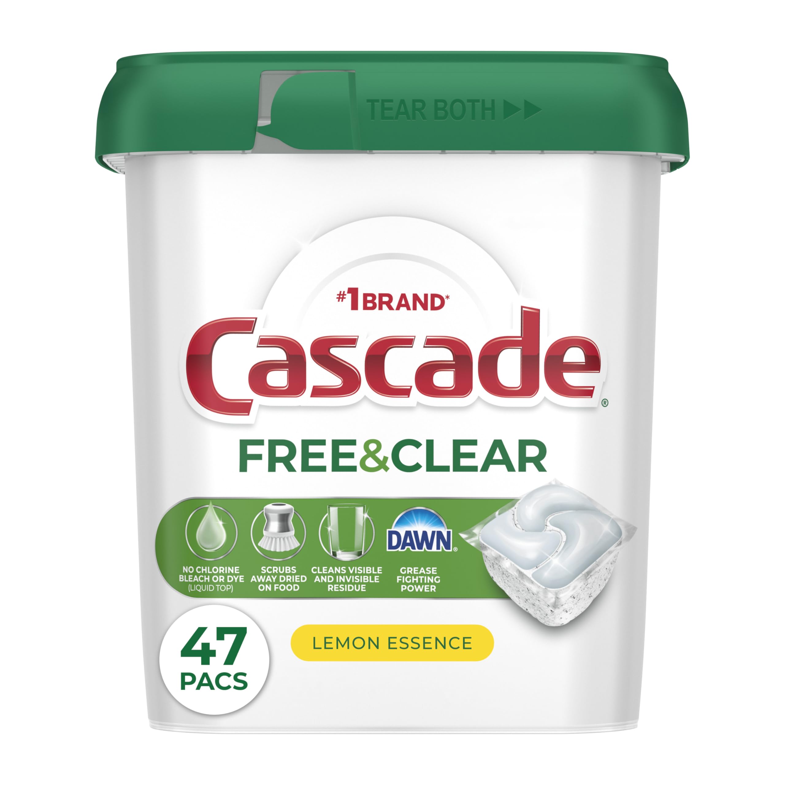 Cascade Free & Clear Dishwasher Pods, Dishwasher Detergent, Dish Detergent Soap, Lemon Essence, 47 Count