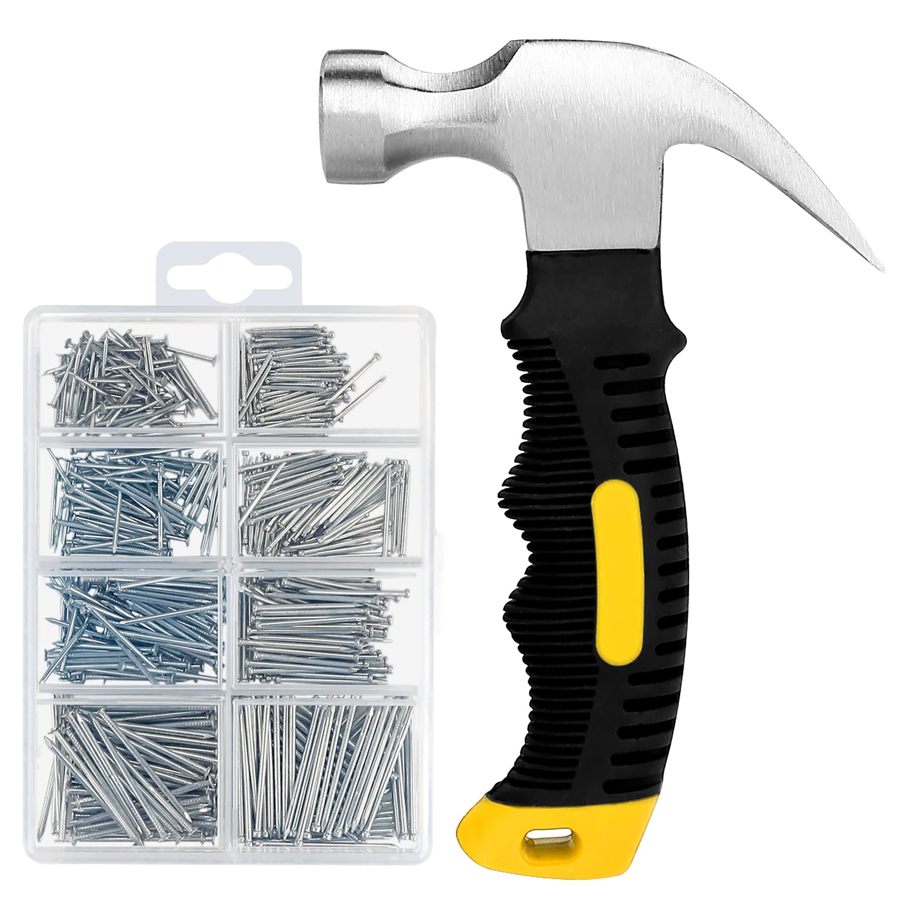 KURUI 700PCs Small Nails for Hanging Pictures & 8oz Small Hammer, Mini Hammer for Hanging Wall Decor, 280 Roofing/Wall Nails & 280 Finishing Nail, Picture Hangers Assortment Kit