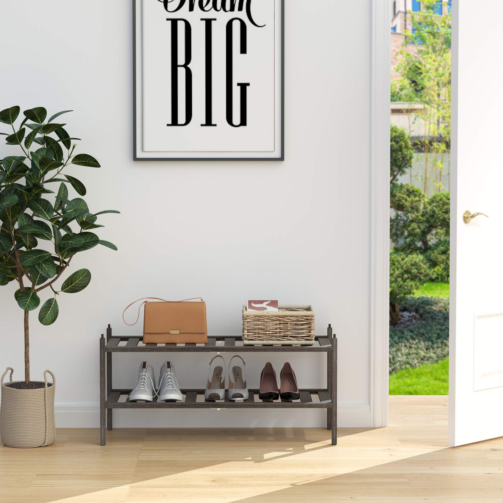 Dranixly Shoe Rack,2-Tier Bamboo Stackable Shelf Storage Organizer for Entryway, Hallway and Closet, 27.2"x11"x13.2" (Mocha)