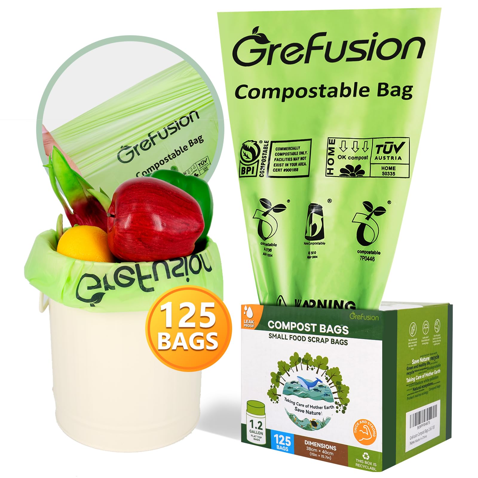 GreFusion Kompostierbare Beutel für Küchenkomposteimer, 4,5 Liter, 125 Stück, BPI- und ASTM-zertifiziert, auslaufsicher und geruchskontrollierend