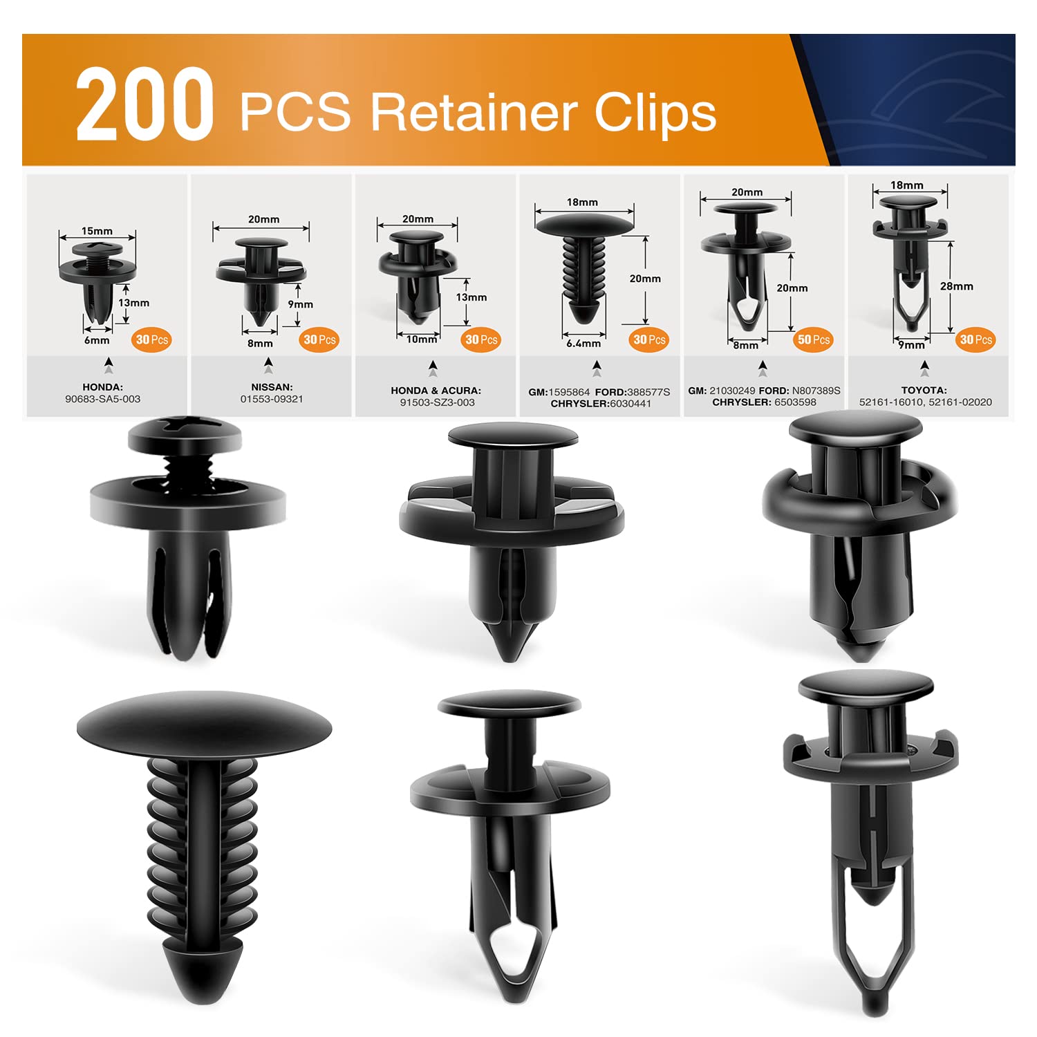 GOOACC - GRC-47 Universal Kunststoff Kotflügelclips, 200 Stück Druckstoßstangen-Befestigungsnietclips mit 6 Größen Karosserie-Halteclips Stoßstangen, Auto Kotflügel Ersatz für GM, Ford & Ch