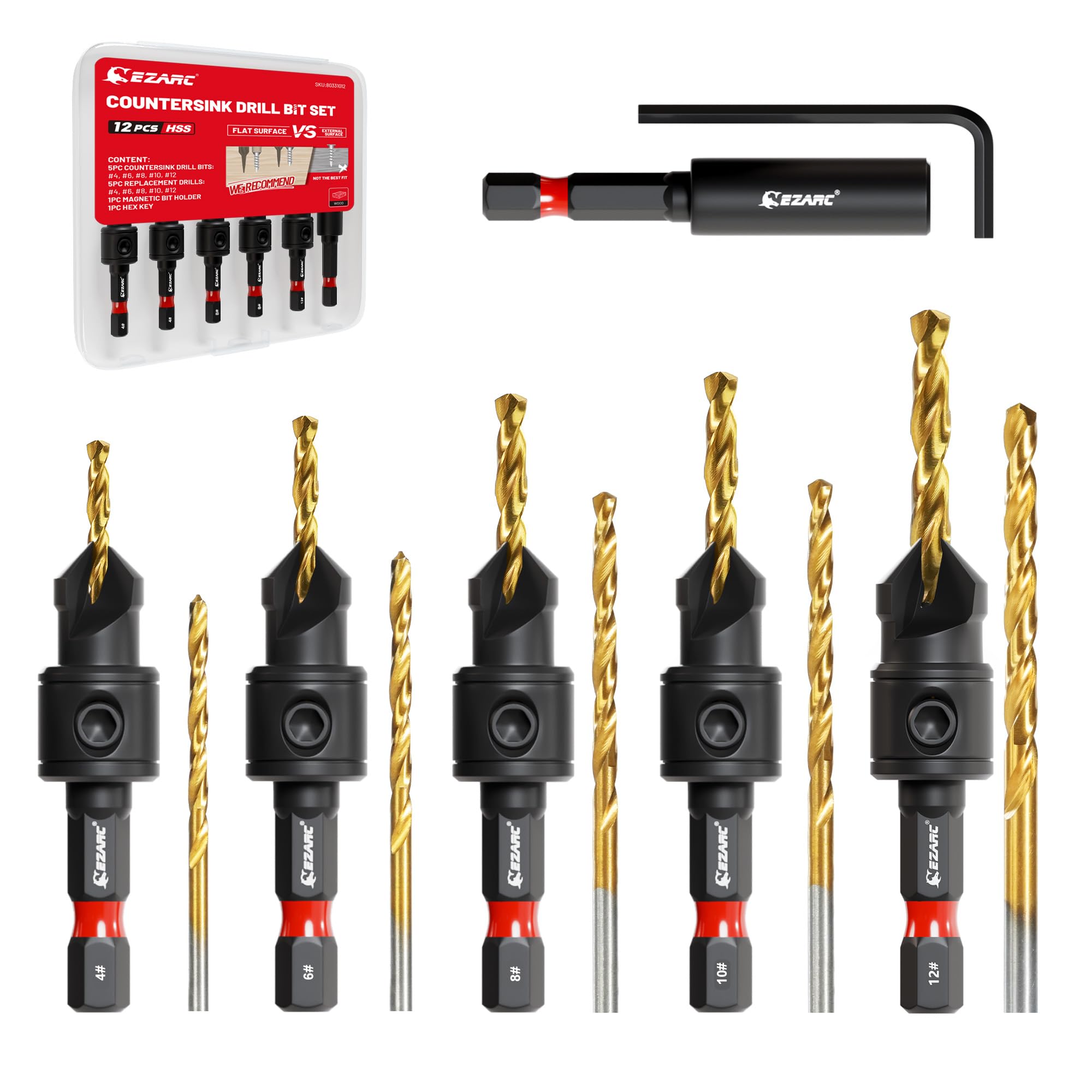 EZARC Senker Bohrer Set, 12-teilig Senkbohrer Set Einstellbar, #4, #6, #8, #10, #12, Magnetischer Bithalter für Holzbearbeitung mit Aufbewahrungsbox