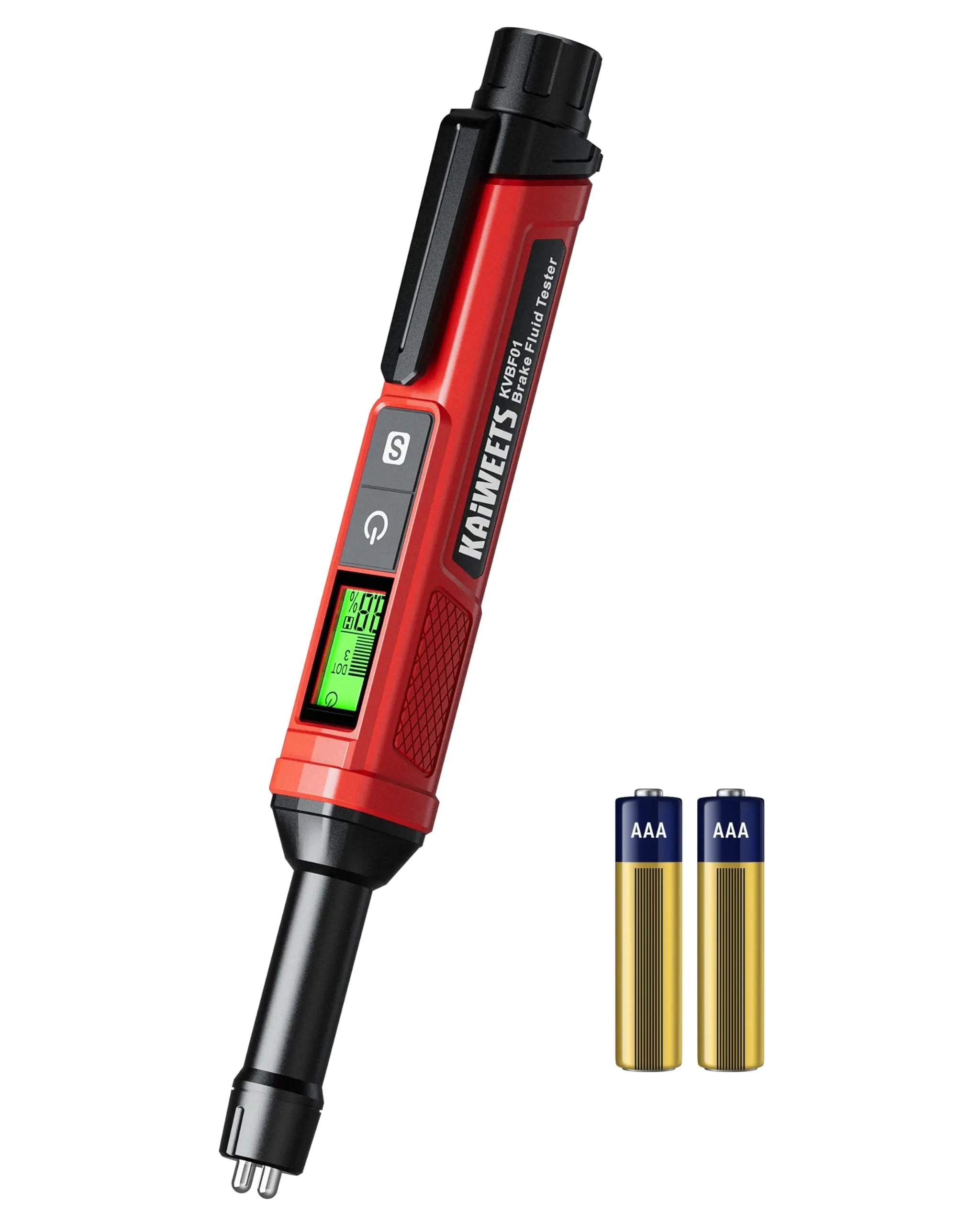 KAIWEETS Brake Fluid Tester Pen with Corrosion Resistance Probe, High-Precision Brake Fluid Moisture Tester with Data Hold Function, Buzzer Alarm, 3 Colors Backlight, Calibrated for DOT3, DOT4, DOT5.1