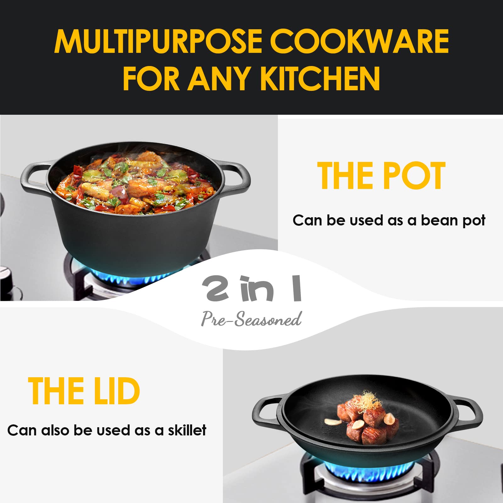 EDGING CASTING 2-in-1 Pre-Seasoned Cast Iron Dutch Oven Pot with Skillet Lid Cooking Pan, Cast Iron Skillet Cookware Pan Set with Dual Handles Indoor Outdoor for Bread, Frying, Baking, Camping, BBQ, 5QT
