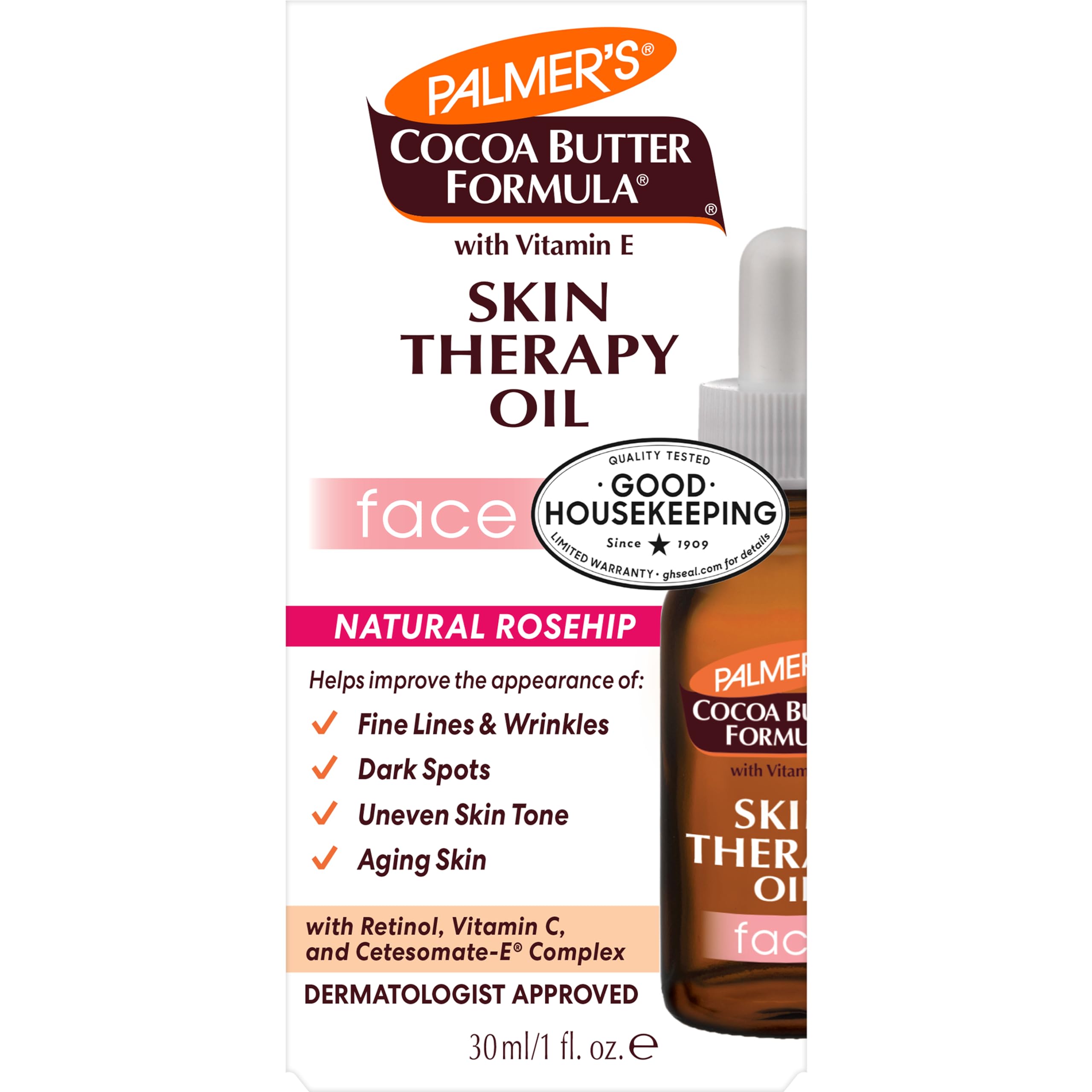 Palmer's Cocoa Butter Formula Moisturizing Skin Therapy Oil for Face with Vitamin E, C & 10 Pure Facial Oils Blend, Rosehip Oil Fragrance, 1 Ounce