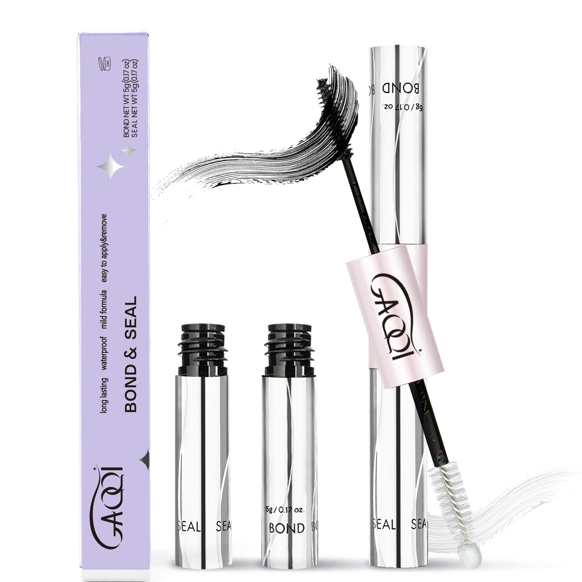 GAQQI Wimpern-Cluster-Kleber, Wimpern-Bond und -Versiegelung wasserfest, Bond & Seal Wimpernkleber für Clusters, Wimpernkleber Schwarz langanhaltend 72H, Latexfrei (5ml+5ml)