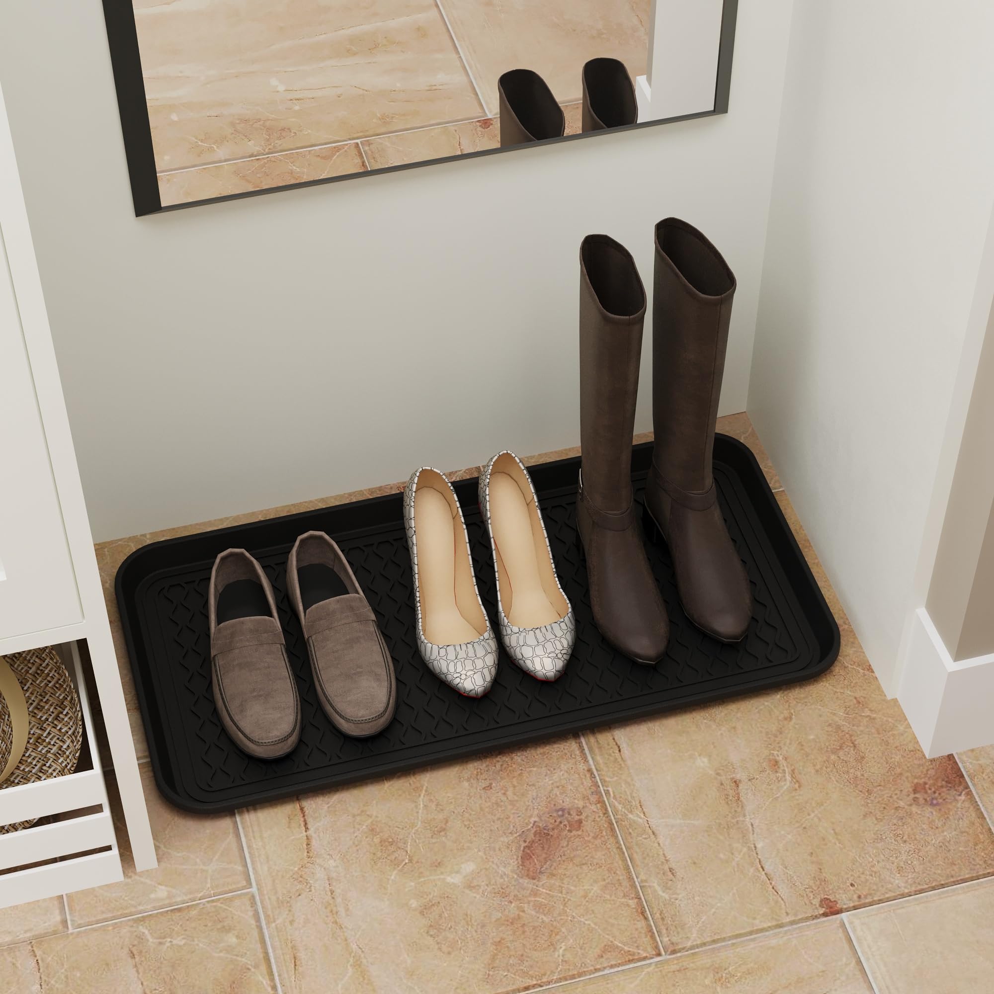 Ottomanson 15” x 30” Multi-Purpose Boot Tray - Waterproof Mat for Shoes, Pet Food, Litter Box, Painting & Planting - 1.2” Raised Edge for Spill Protection