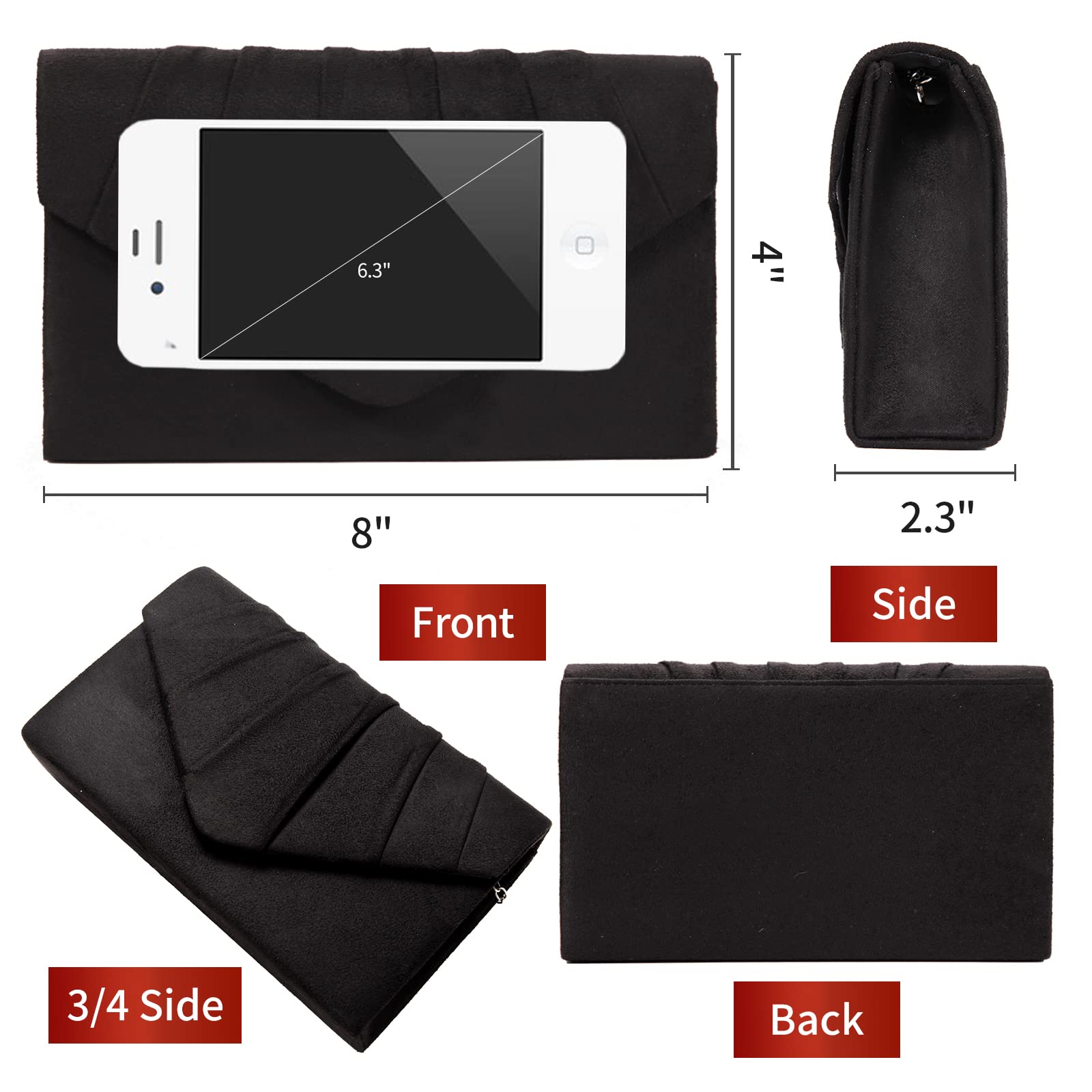 BBjinronjy Clutch Purses for Women Evening Bag Women's with Detachable Chain Wedding Prom Faux Suede (Black-Suede)