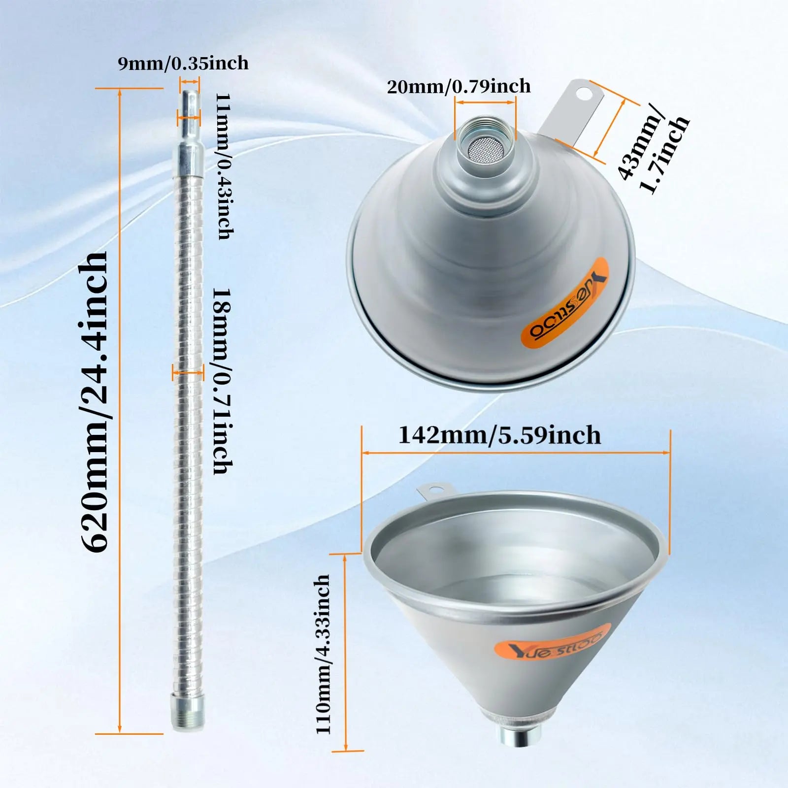 Yuesstloo 24.4" Steel Bendable Spout Funnel with Filter for All Automotive Oils, Metal Flexible Long Funnels for Automotive Use for Transmission Fluid, Diesel Fuel, and Other Liquids, with Gloves