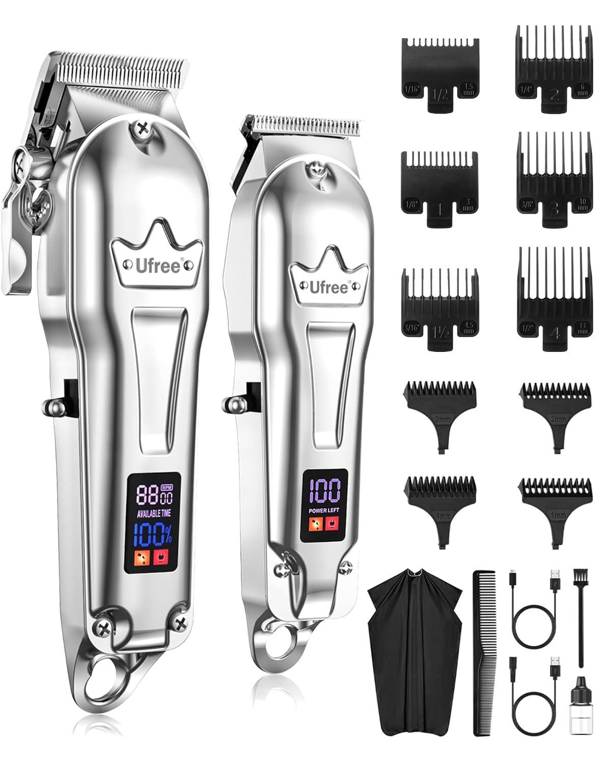 Ufree Hair Clippers for Men Professional, Barber Clippers and Trimmers Set, Cordless Hair Clippers for Hair Cutting Kit with LED Display, Electric Hair Trimmer, Gifts for Men, Silver