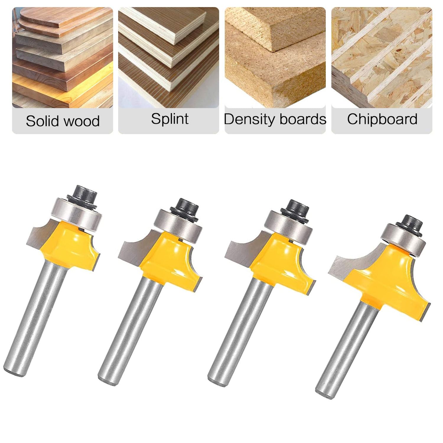 TOTOWOOD Roundover Router Bit Set，4pcs Router bit Set，1/4 inch Shank，Radius in 1/8", 1/4", 3/16", 5/16"，Bearing Guide for Rounding Edge bit