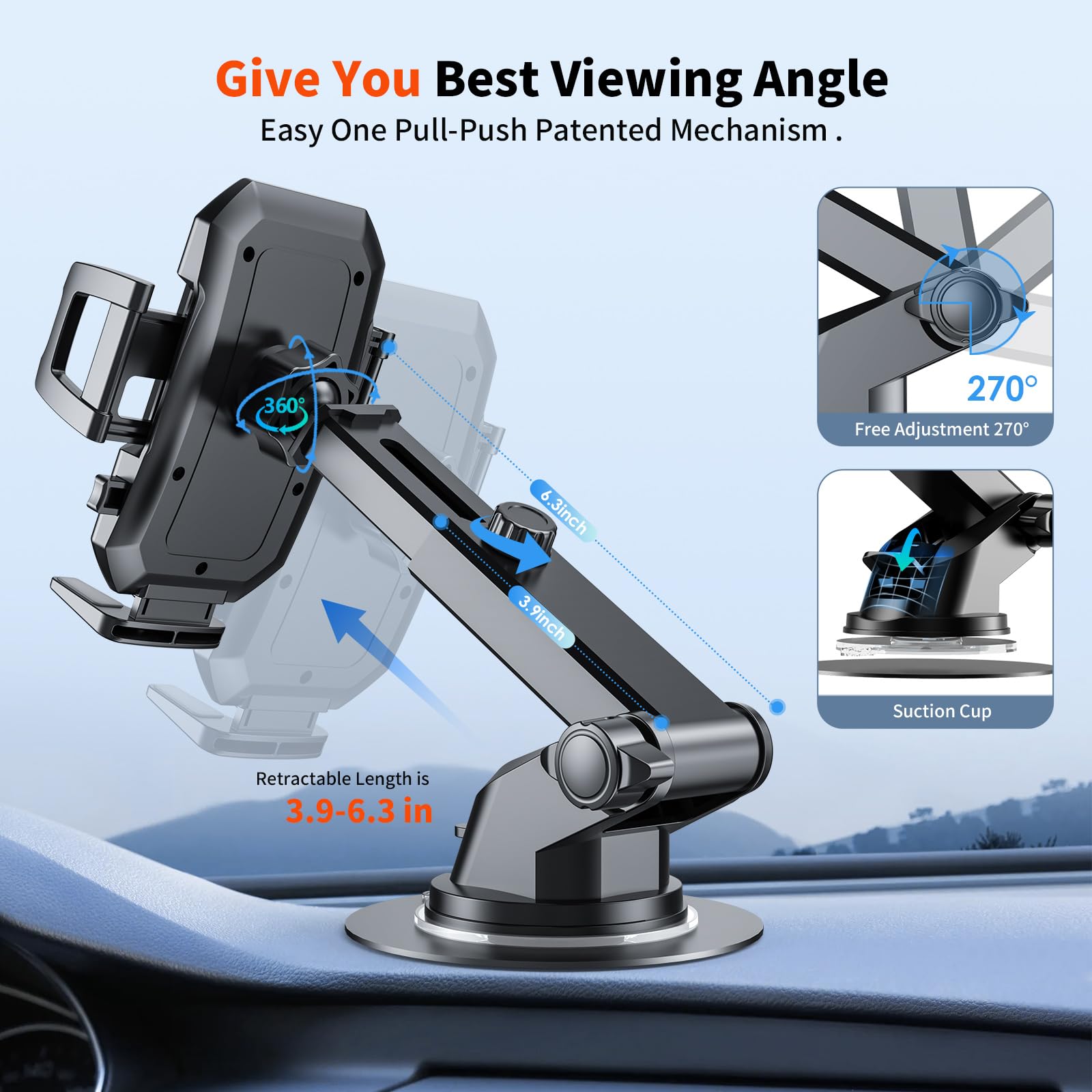 SUUSON Upgraded 3-in-1 Car Phone Holder Mount [Powerful Suction] Phone Mount for Car Dashboard Air Vent Windshield,for All iPhone Android Phone (Black)