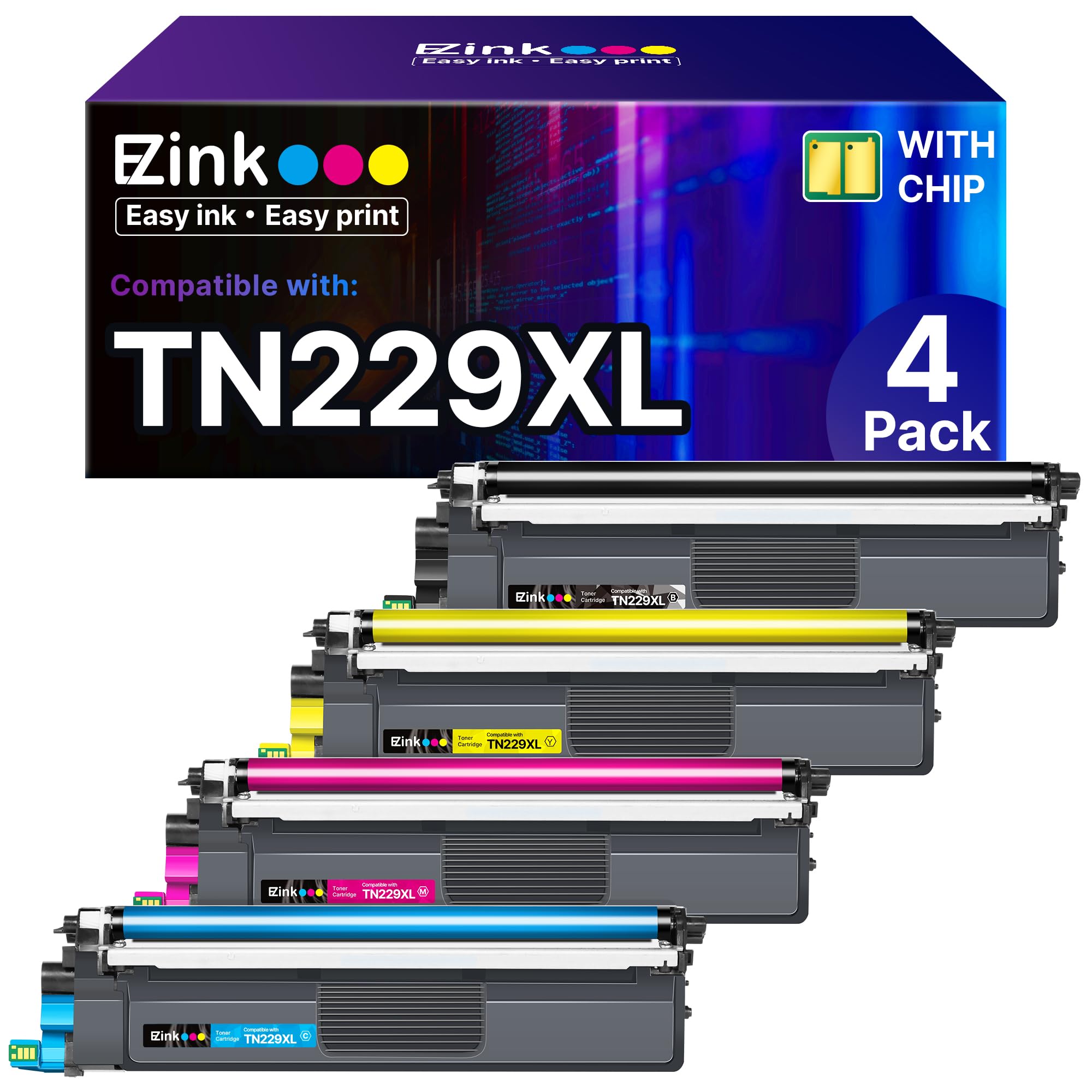 عبوات حبر TN229XL المتوافقة من E-Z Ink كبديل لعبوات Brother TN229XL TN-229XL TN229 XL للاستخدام مع طابعات MFC-L3720CDW MFC-L3780CDW HL-L3220CDW HL-L3280CDW HL-L3300CDW (TN229XLBK/C/M/Y - 4 عبوات)