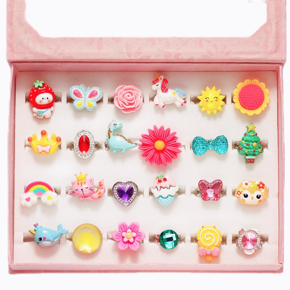 PinkSheep Mädchen Spielzeug-Ringe in Box, verstellbar, keine Duplikate, Mädchen-Spielzeug- und Verkleidungsringe (24 schöne Ringe)