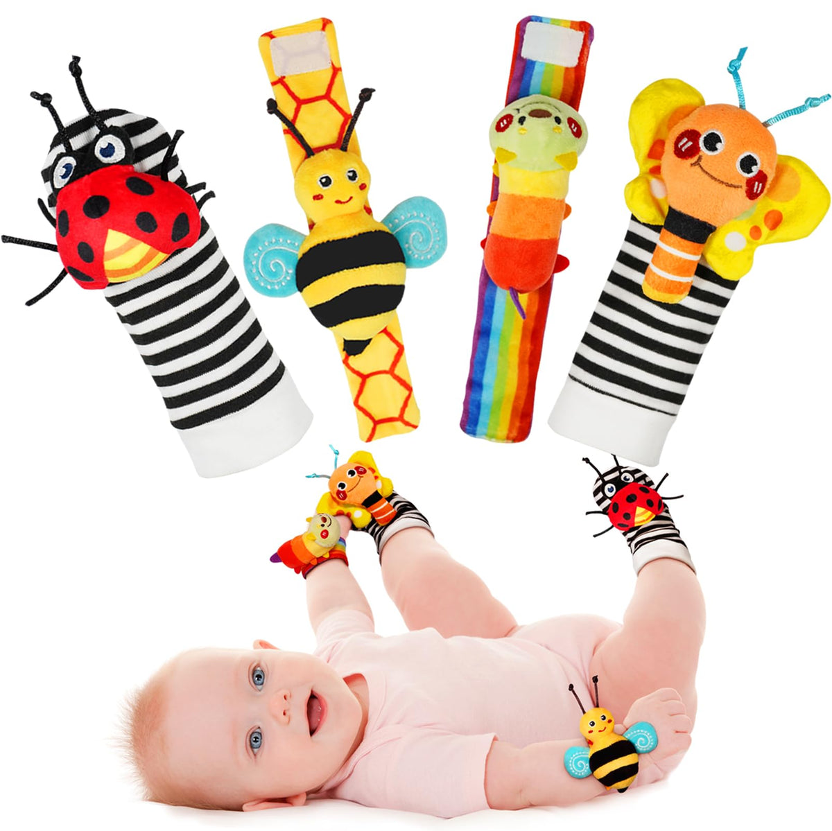 Infinno Baby Handgelenk-Rassel Socken und Fußsucher Set, perfektes Babyspielzeug für 0-12 Monate Neugeborene Jungen und Mädchen als Geschenk zur Babyparty, Gartenkäfer-Serie