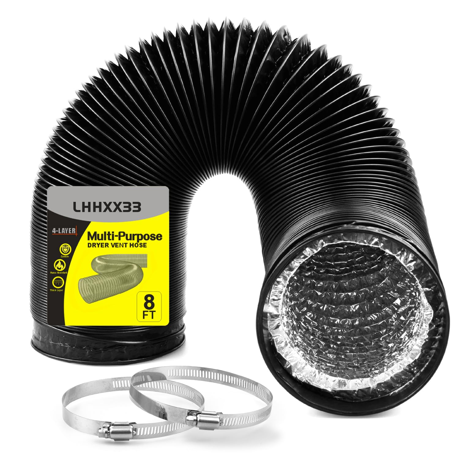 Trocknerentlüftungsschlauch – 4 Zoll flexibles Rohr, 2,4 m lang, strapazierfähiger vierlagiger Schutz – ideal zum Heizen, Kühlen, Lüften – inkl. 2 Schlauchschellen