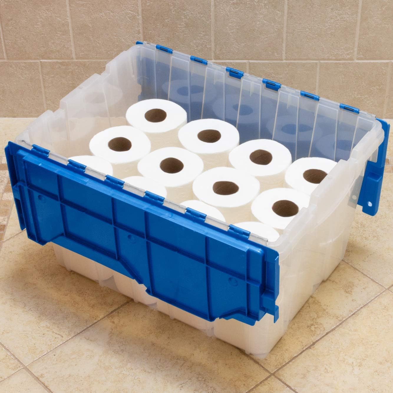 Akro-Mils KeepBox 12 Gallon Storage Container, Nesting and Stackable Plastic Storage Box with Lid Attached, Clear Tote for Garages, Closets, and Moving, 21-1/2" x 15" x 12-1/2", Clear/Blue
