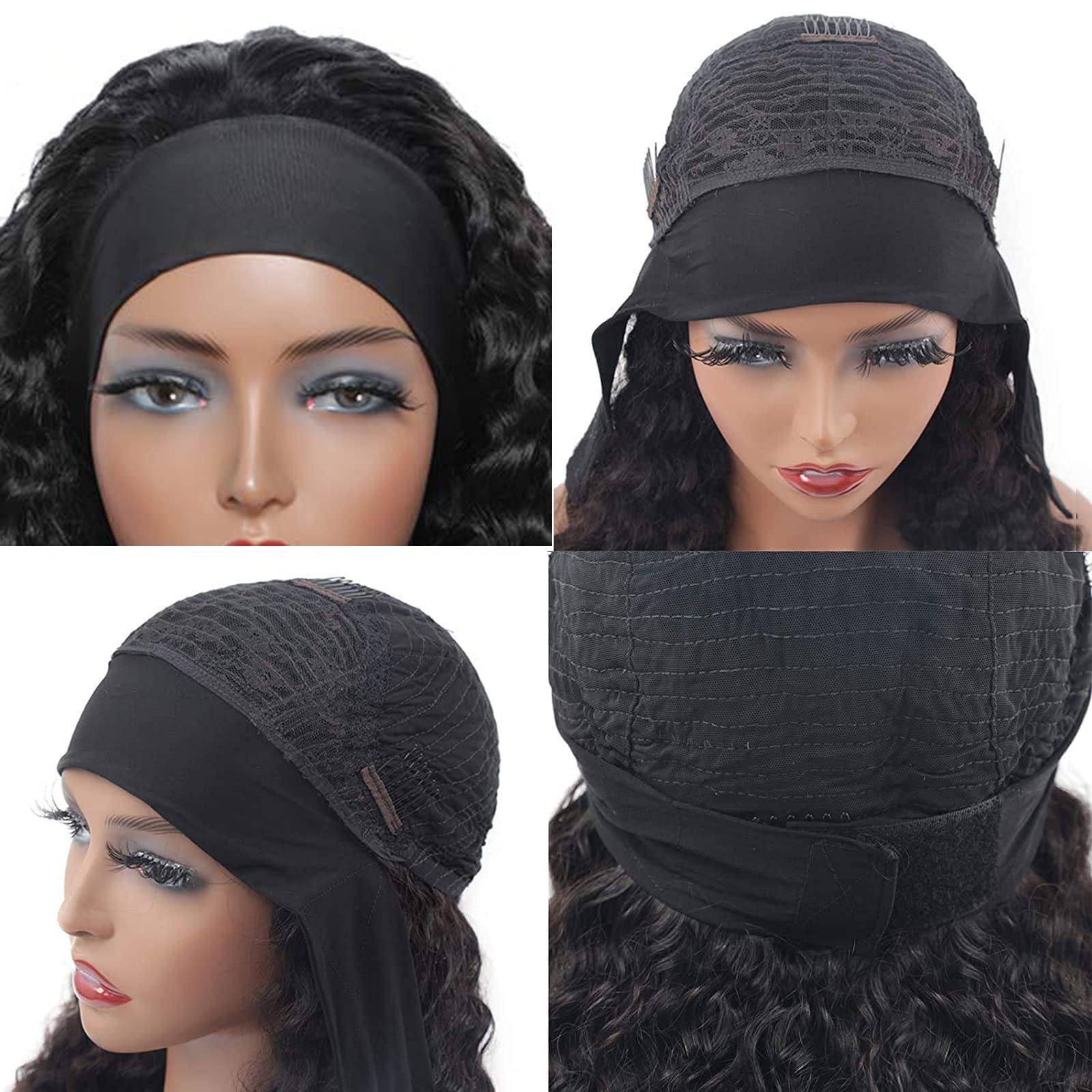Aiterina Headband Wig Deep Wave 12 Inch Human Hair Headband Wig Curly hair Glueless Human Hair Wigs Machine Made No Lace deep Curly Headband Wigs Natural color